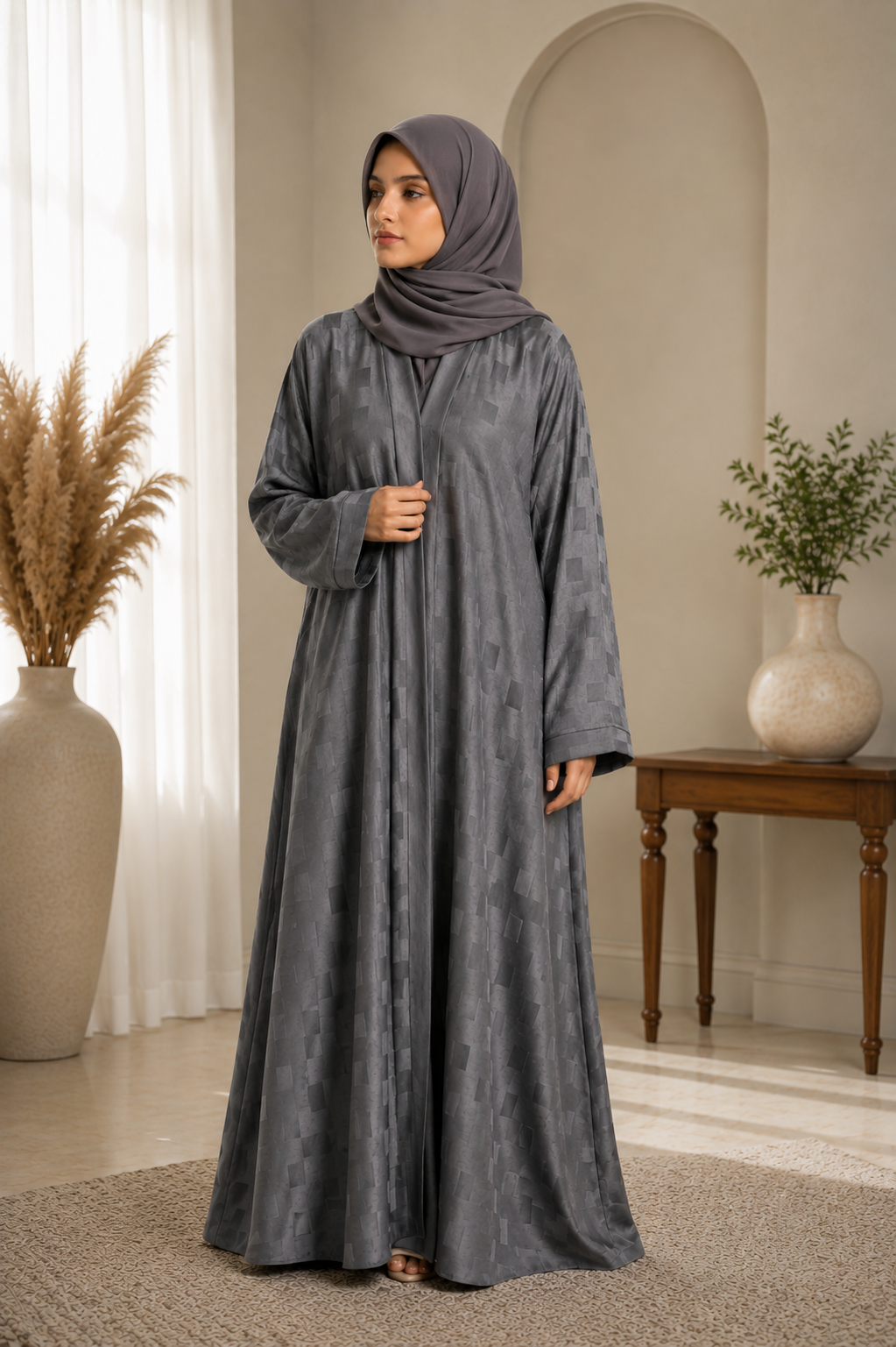 Premium Grey Textured Abaya with Matching Hijab