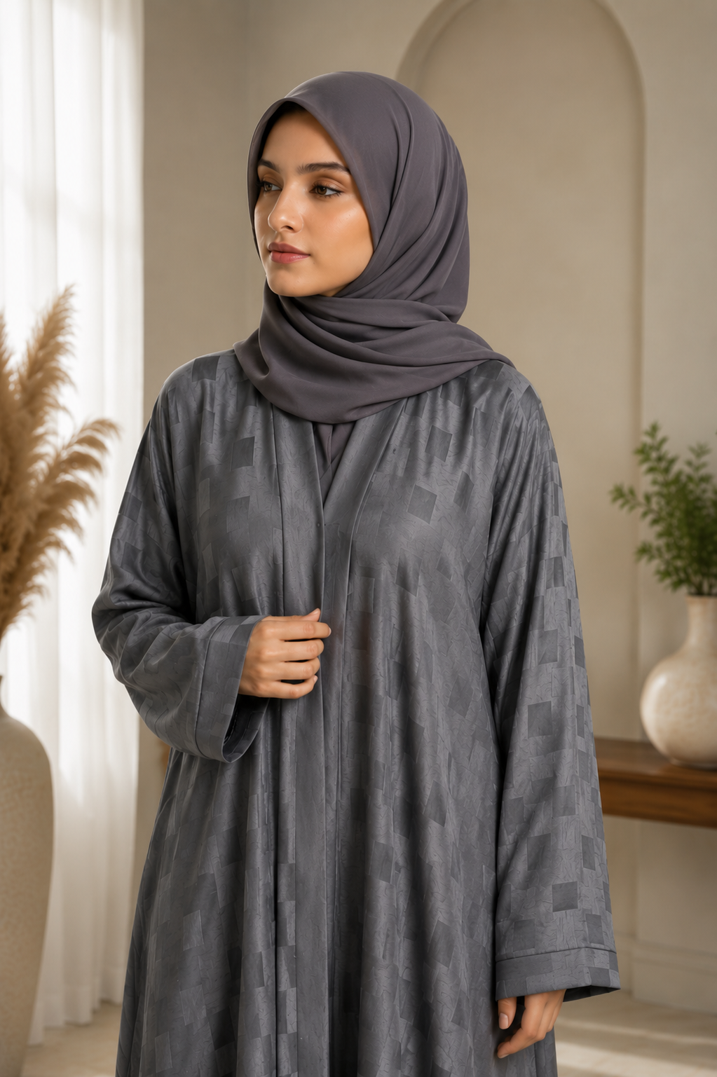 Premium Grey Textured Abaya with Matching Hijab