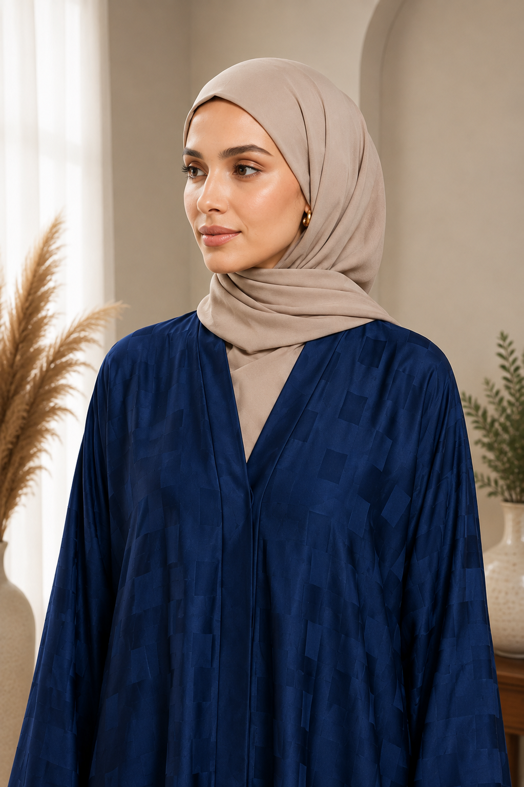 Premium Navy Blue Textured Abaya with Contrast Hijab