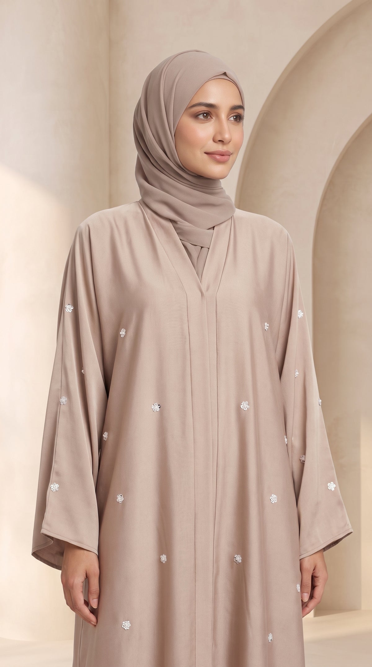 Luxury Light Beige Crystal Embellished Abaya Set with Hijab