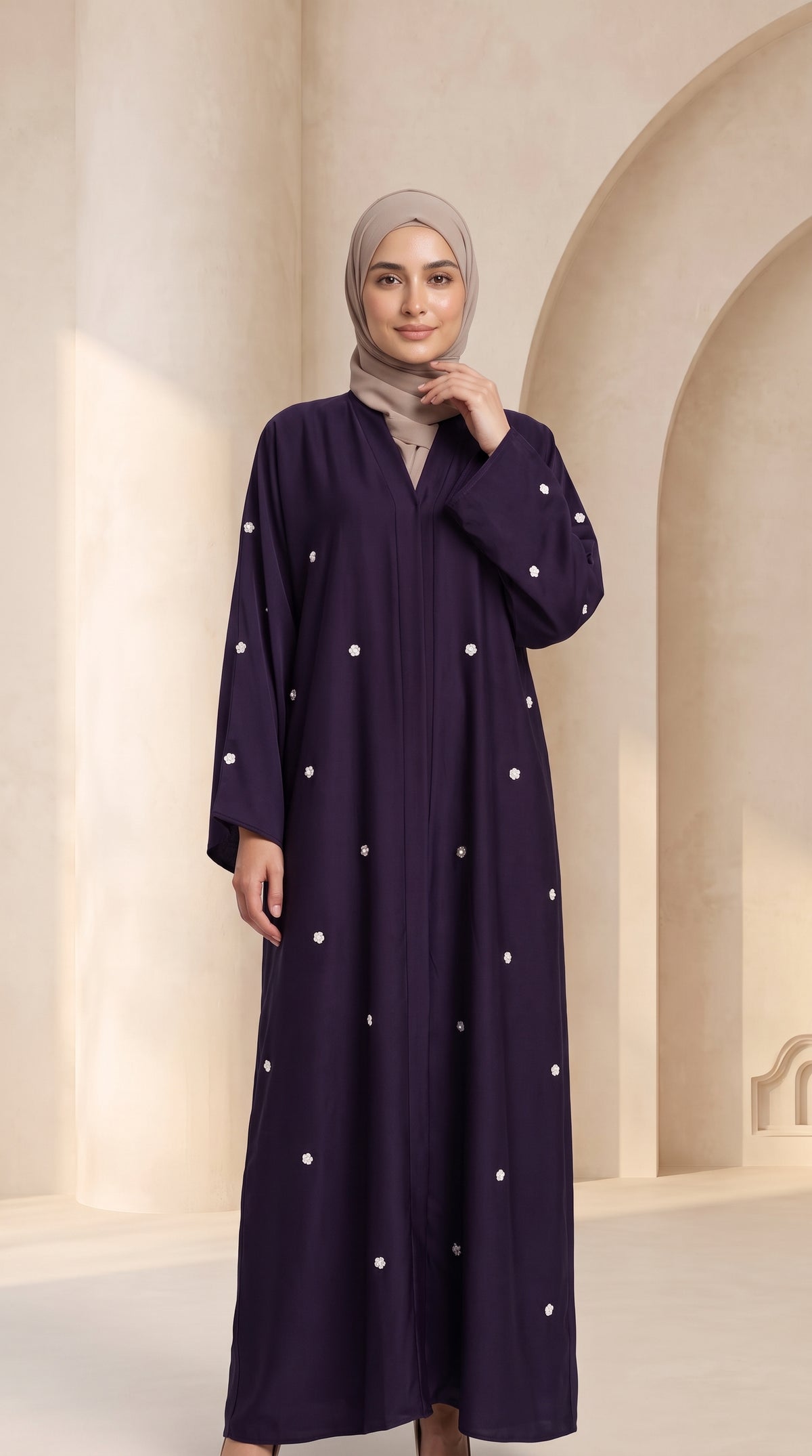 Luxury Purple Crystal Embellish Abaya Set with Hijab