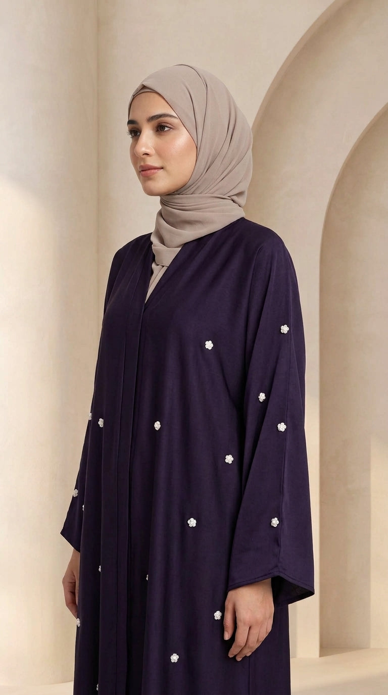 Luxury Purple Crystal Embellish Abaya Set with Hijab