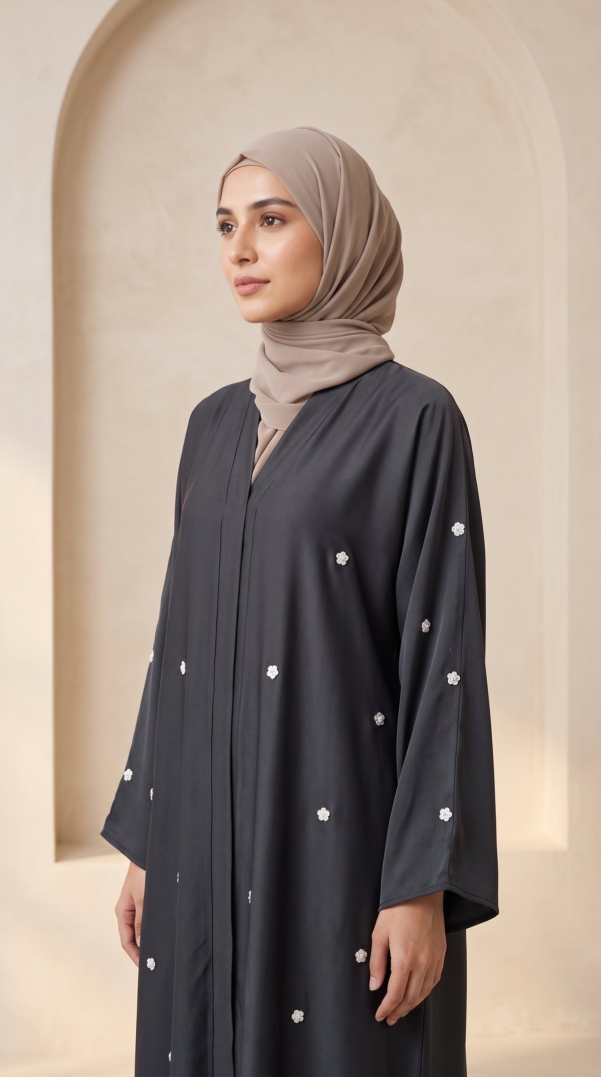 Luxury Charcoal Grey Crystal Embellished Abaya Set with Hijab