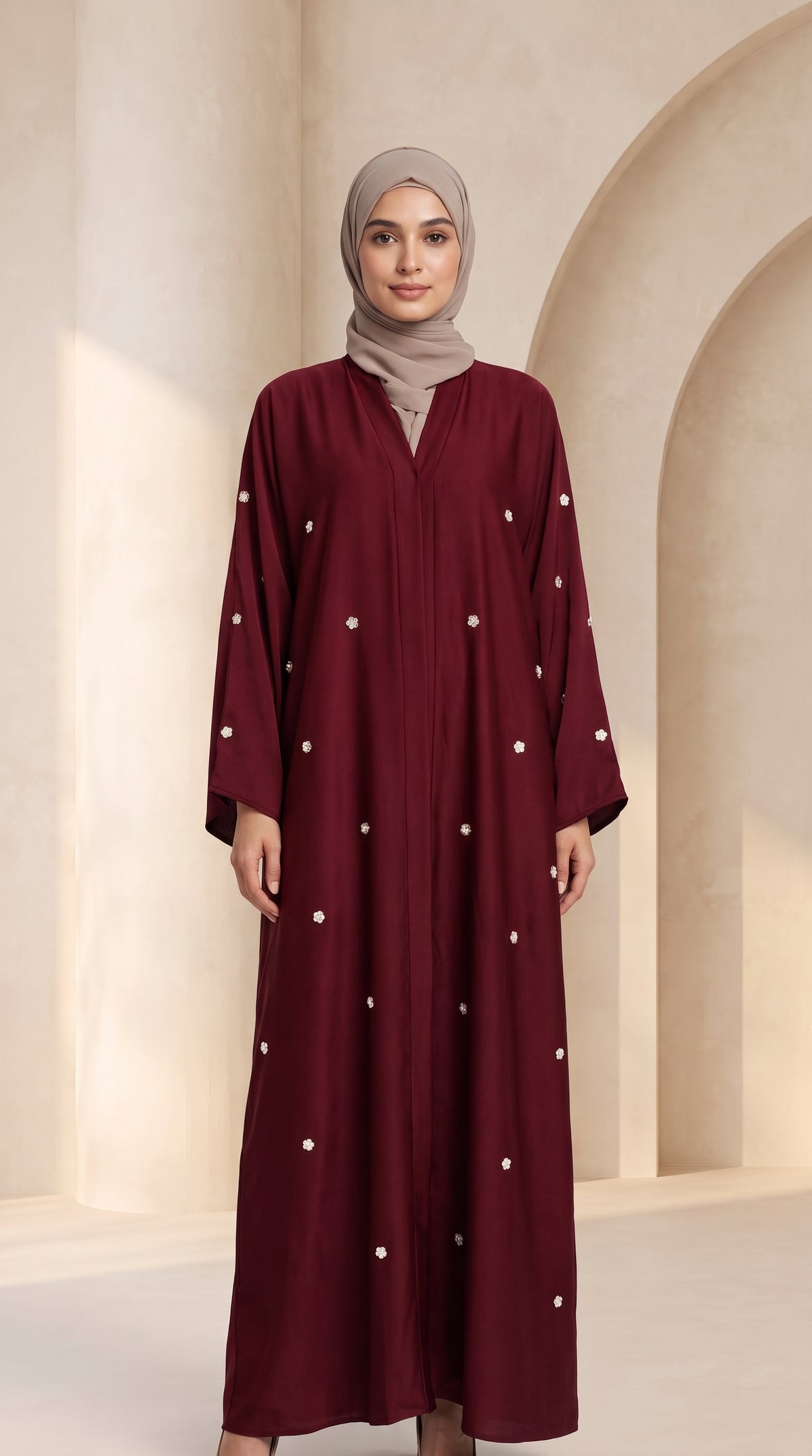 Luxury Burgundy Crystal Embellished Abaya Set with Hijab