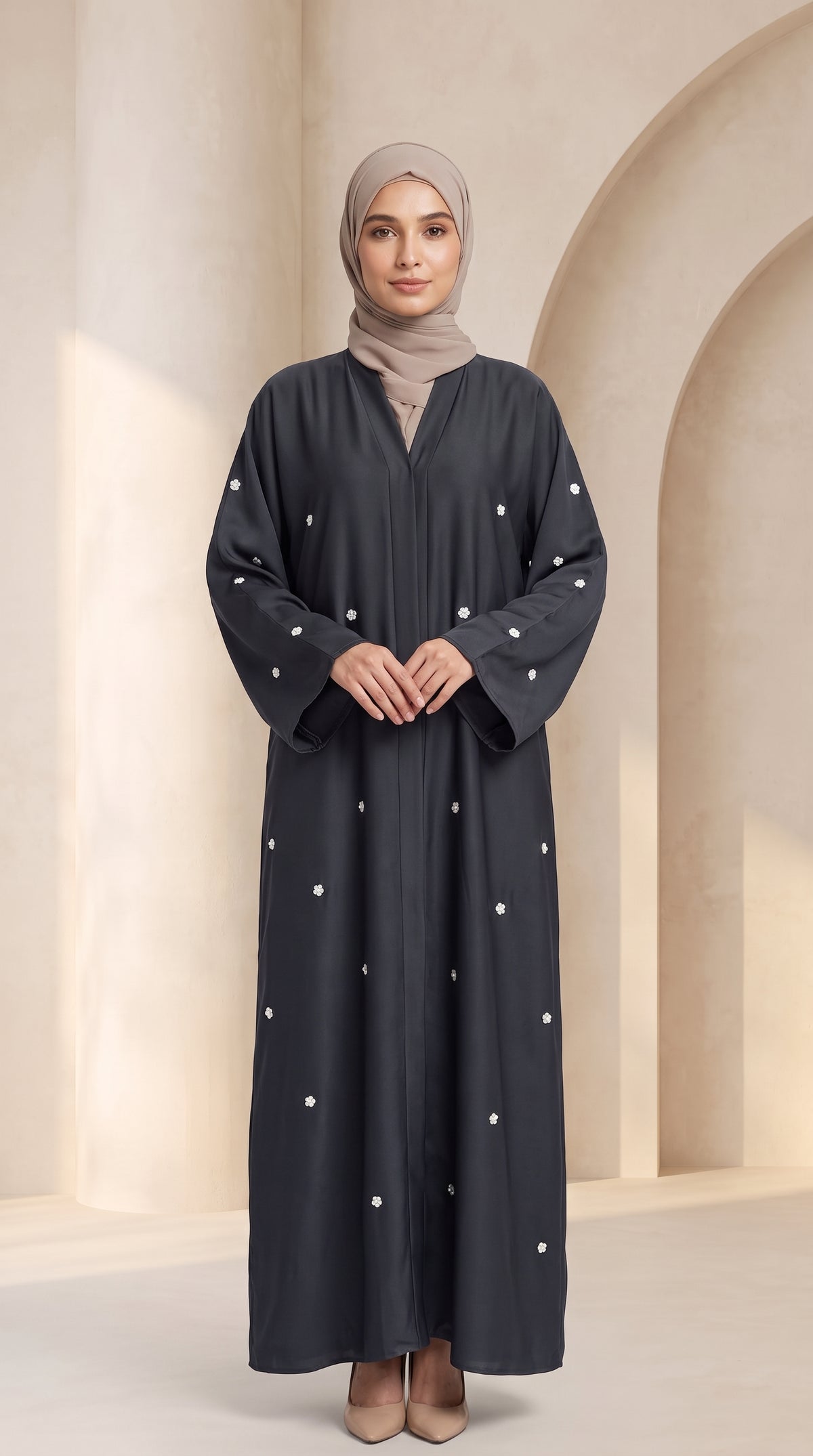 Luxury Charcoal Grey Crystal Embellished Abaya Set with Hijab