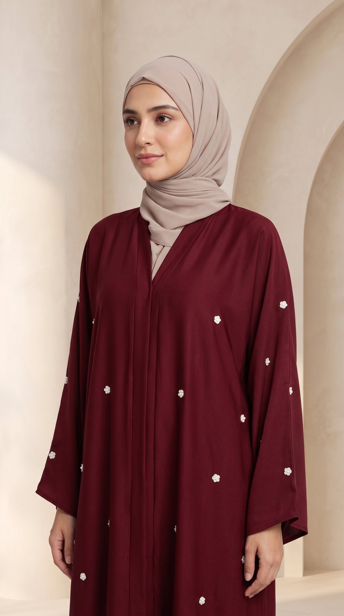 Luxury Burgundy Crystal Embellished Abaya Set with Hijab