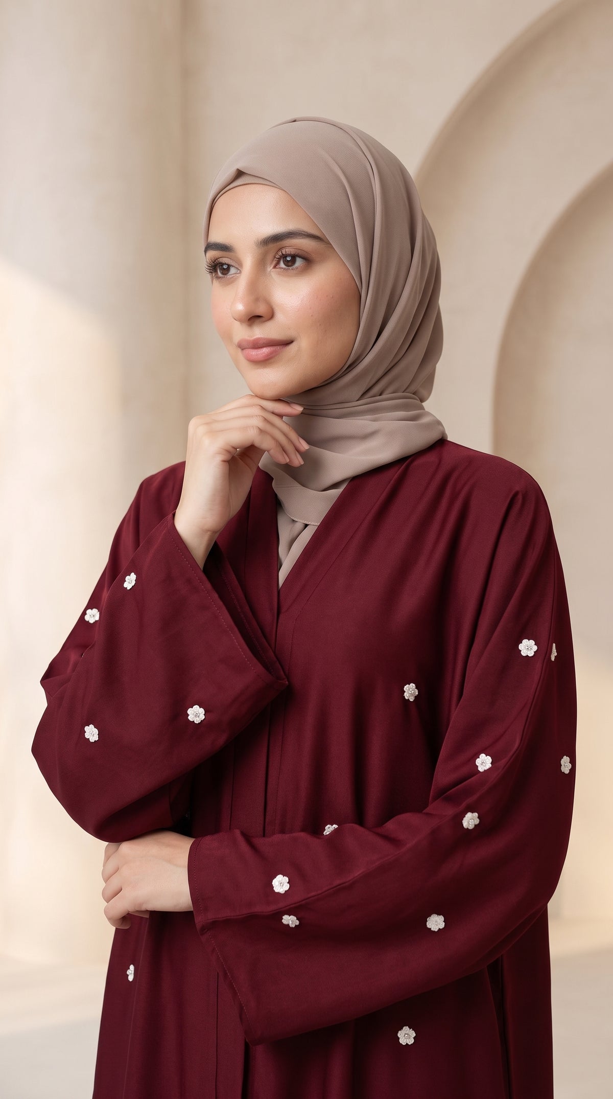 Luxury Burgundy Crystal Embellished Abaya Set with Hijab