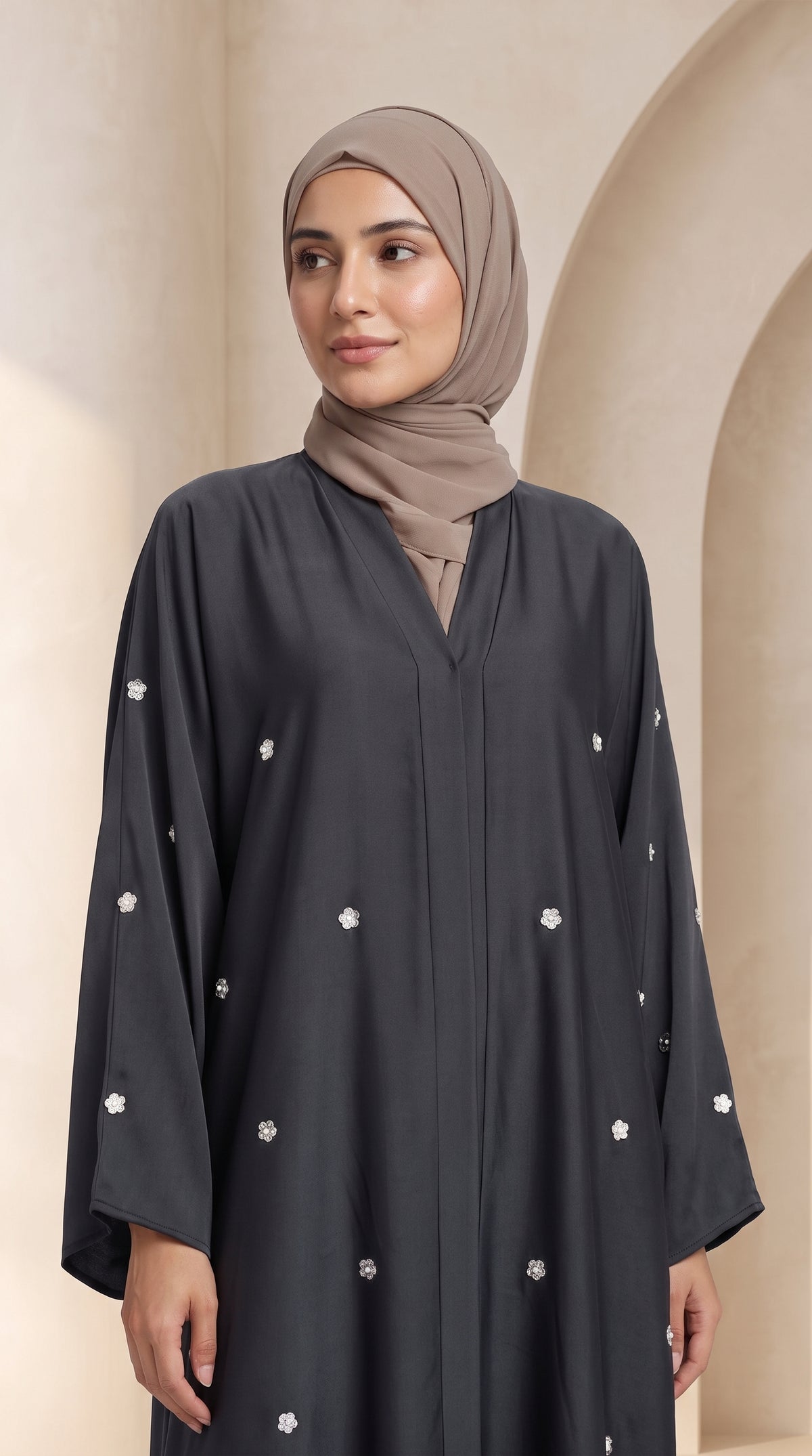 Luxury Charcoal Grey Crystal Embellished Abaya Set with Hijab