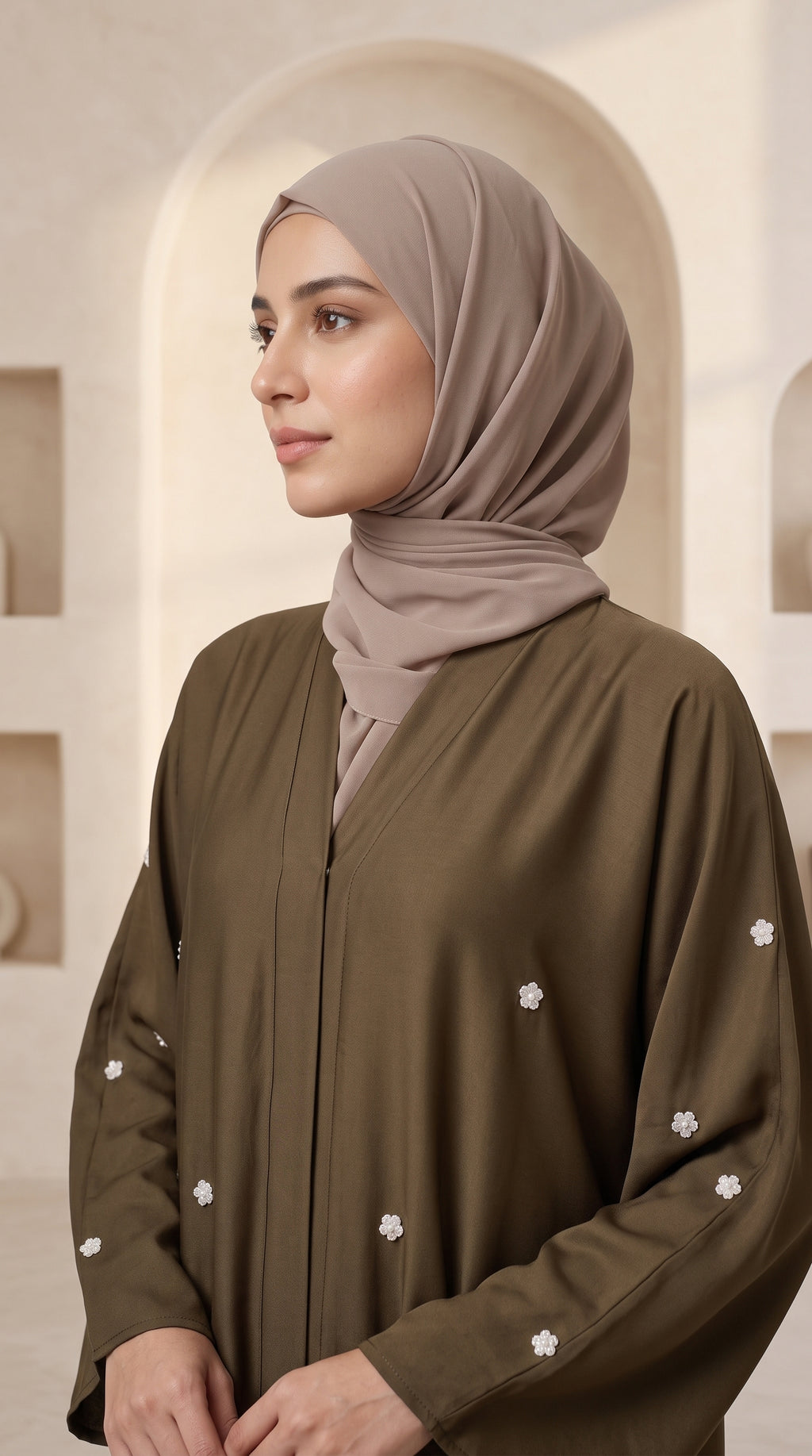Luxury Olive Drab Crystal Embellished Abaya Set with Hijab