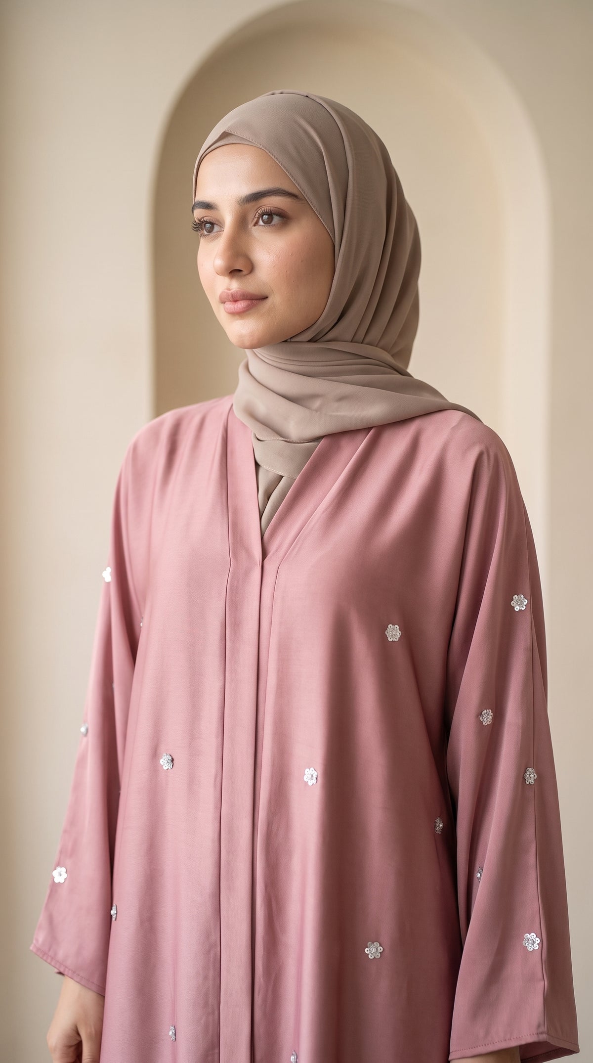 Luxury Muted Pink Crystal Embellished Abaya Set with Hijab
