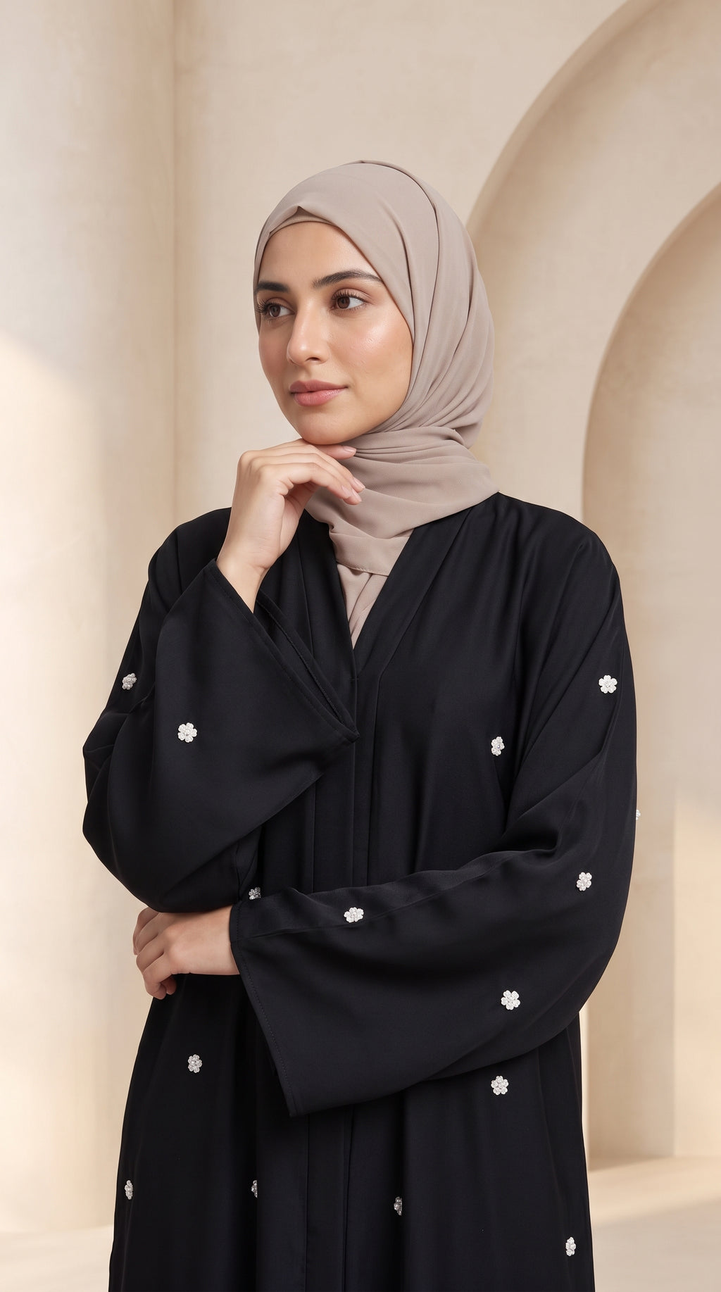 Luxury Black Crystal Embellished Abaya Set with Hijab