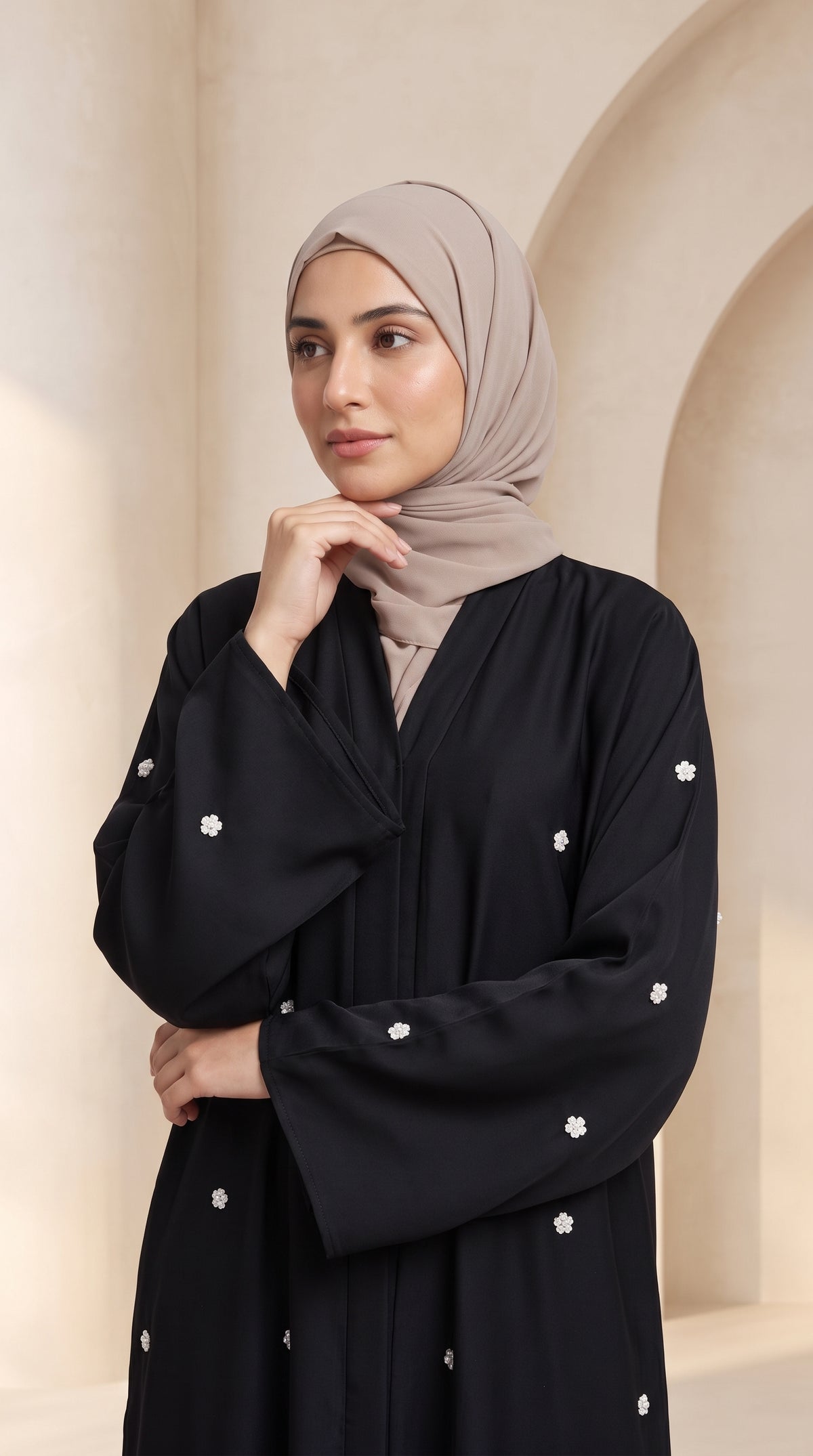 Luxury Black Crystal Embellished Abaya Set with Hijab