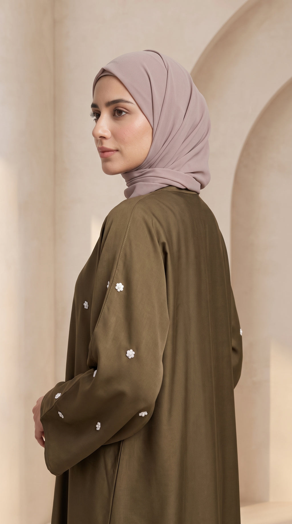 Luxury Olive Drab Crystal Embellished Abaya Set with Hijab