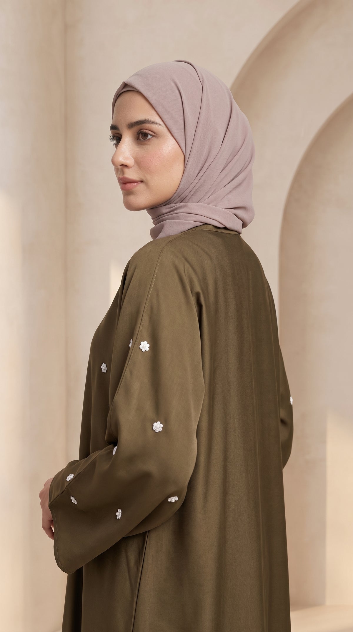 Luxury Olive Drab Crystal Embellished Abaya Set with Hijab