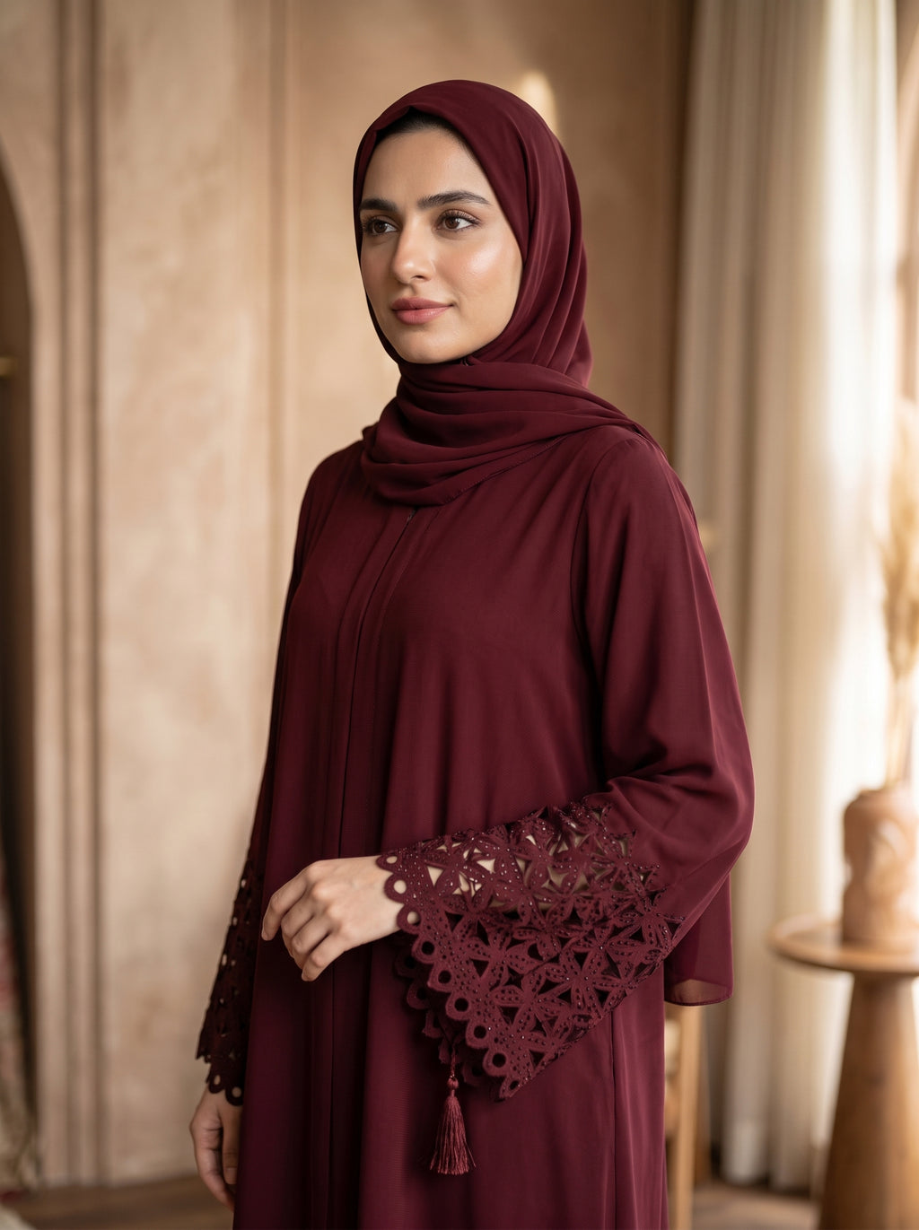 Elegant Burgundy Embellished Abaya with Lace Sleeves &amp; Matching Hijab