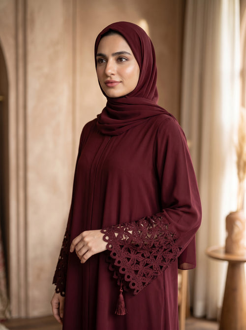 Elegant Burgundy Embellished Abaya with Lace Sleeves &amp; Matching Hijab