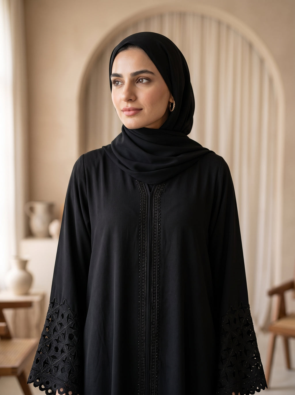 Elegant Black Embellished Abaya with Lace Sleeves &amp; Matching Hijab