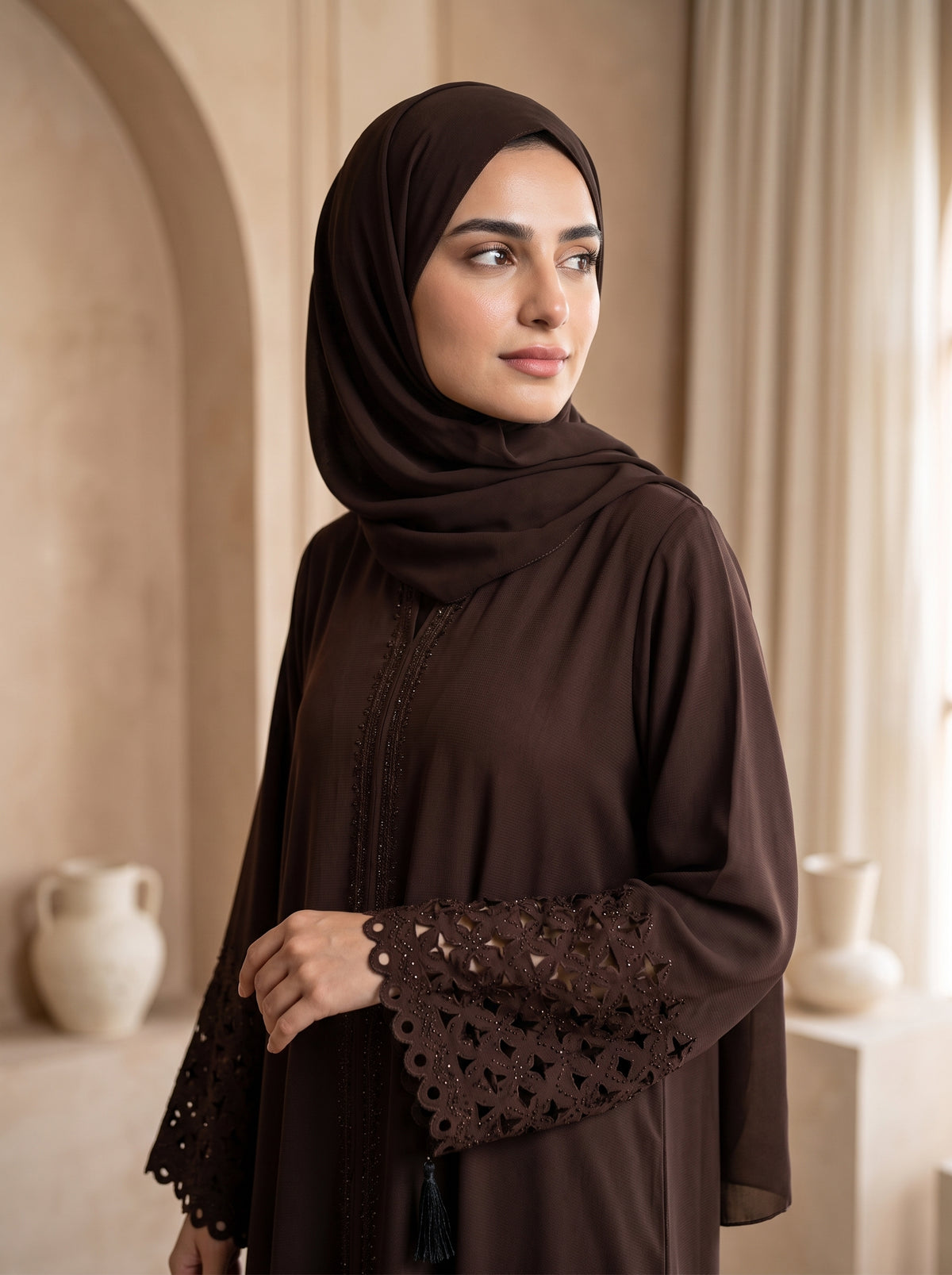 Elegant Dark Brown Embellished Abaya with Lace Sleeves &amp; Matching Hijab