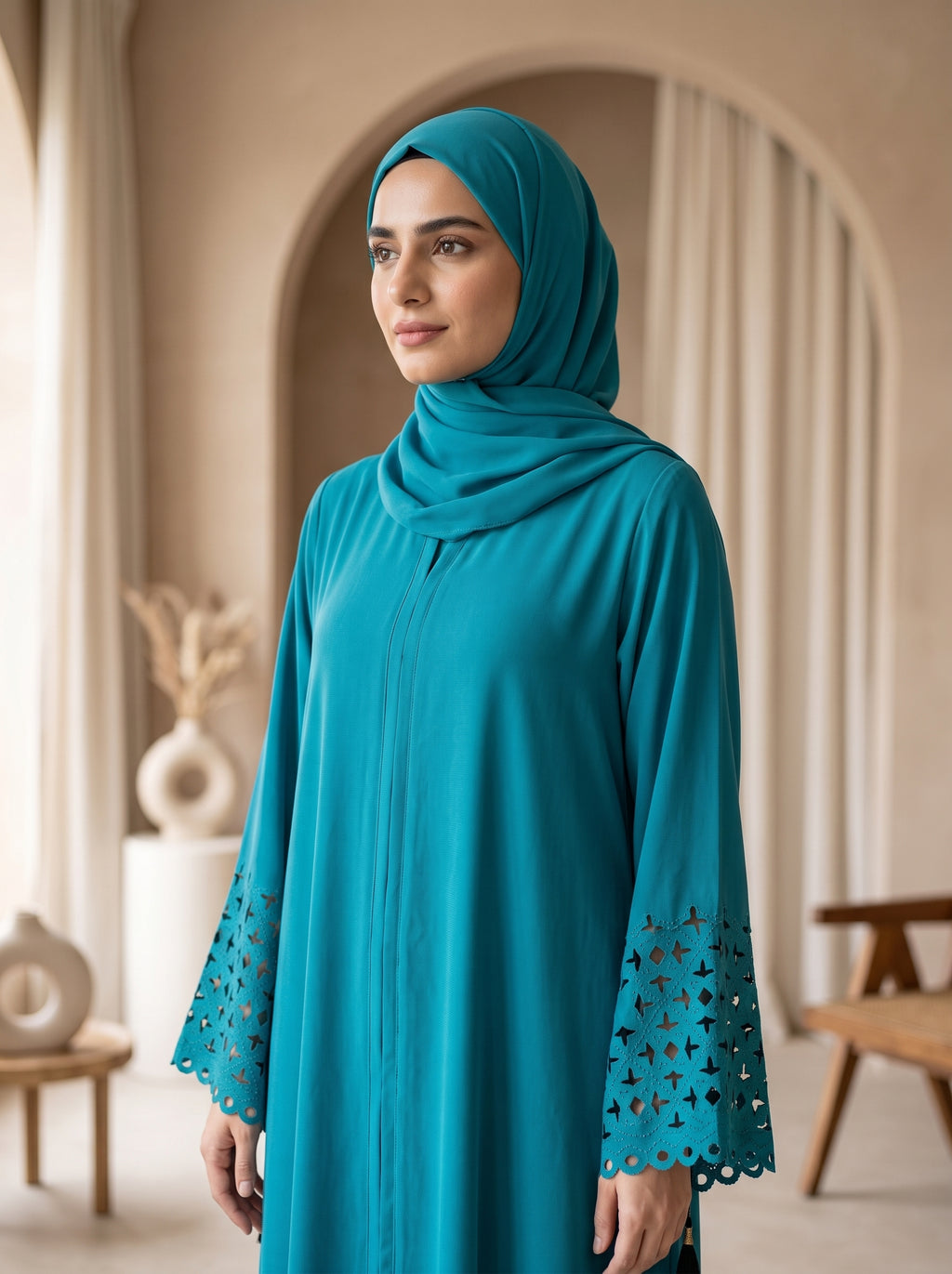 Elegant Ferozi Embellished Abaya with Lace Sleeves and Matching Hijab