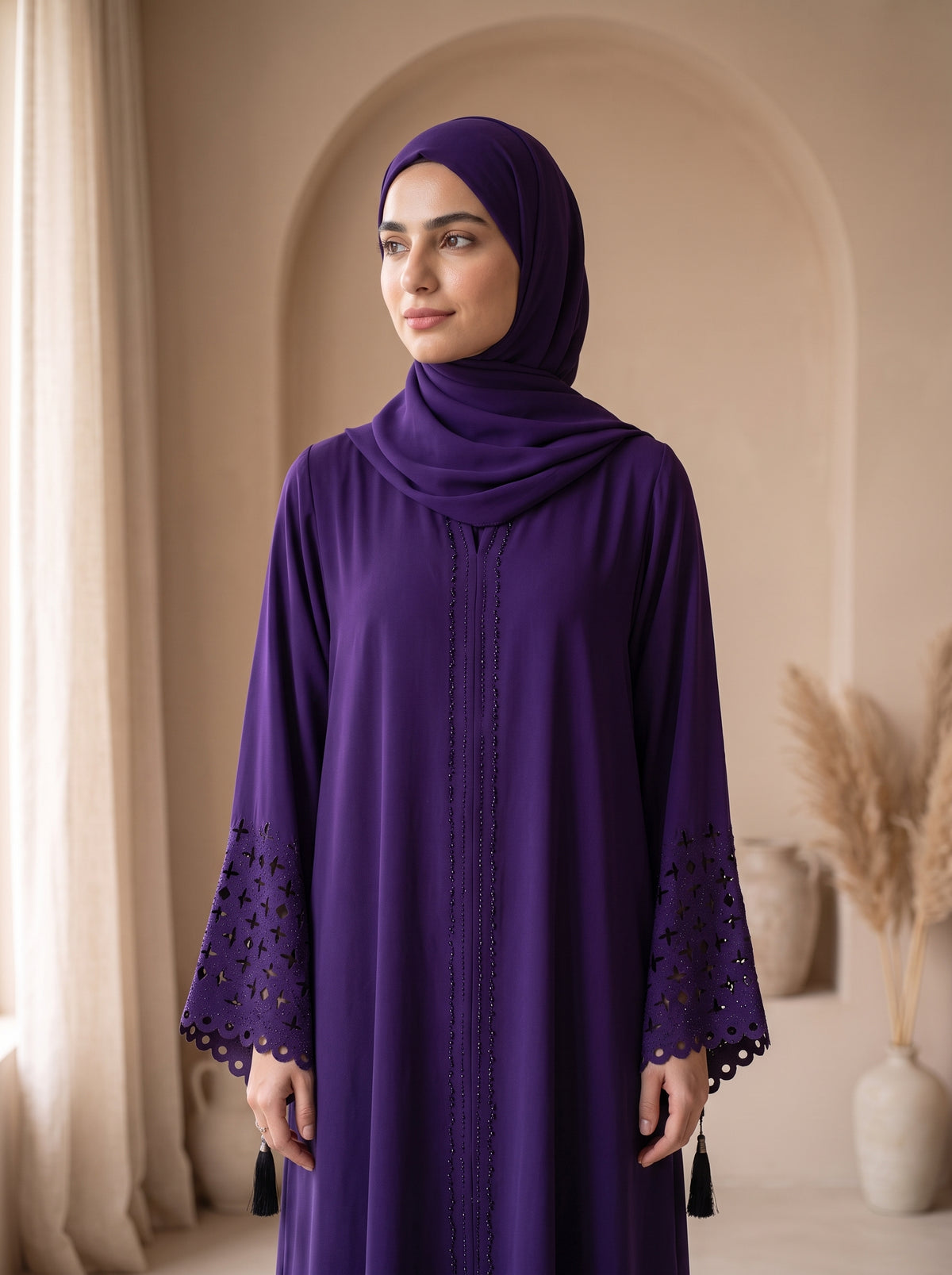 Elegant Purple Embellished Abaya with Lace Sleeves &amp; Matching Hijab