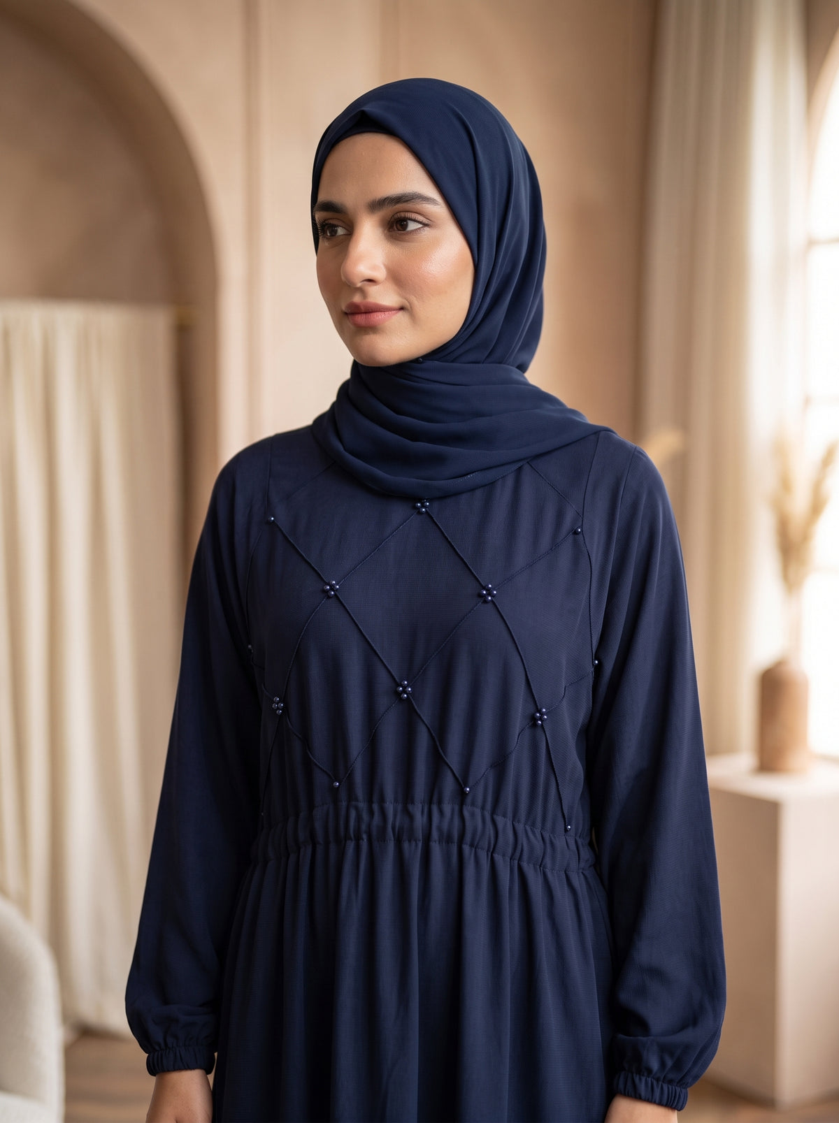 Navy Blue Grace Abaya – Elegant Diamond Embellished Maxi Dress with Hijab