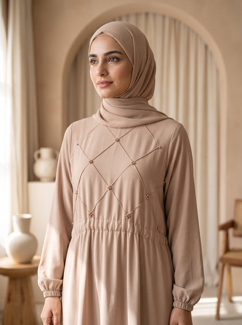 Beige Grace Abaya – Elegant Diamond Embellished Maxi Dress with Hijab