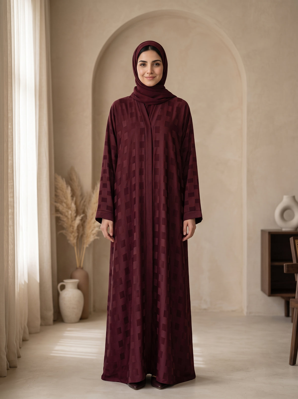 Premium Maroon Textured Abaya with Matching Hijab
