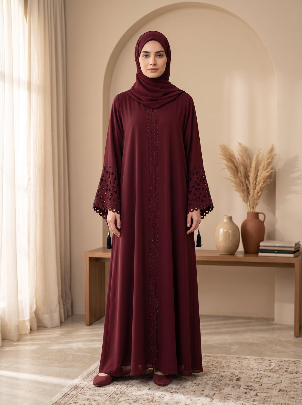 Elegant Burgundy Embellished Abaya with Lace Sleeves &amp; Matching Hijab