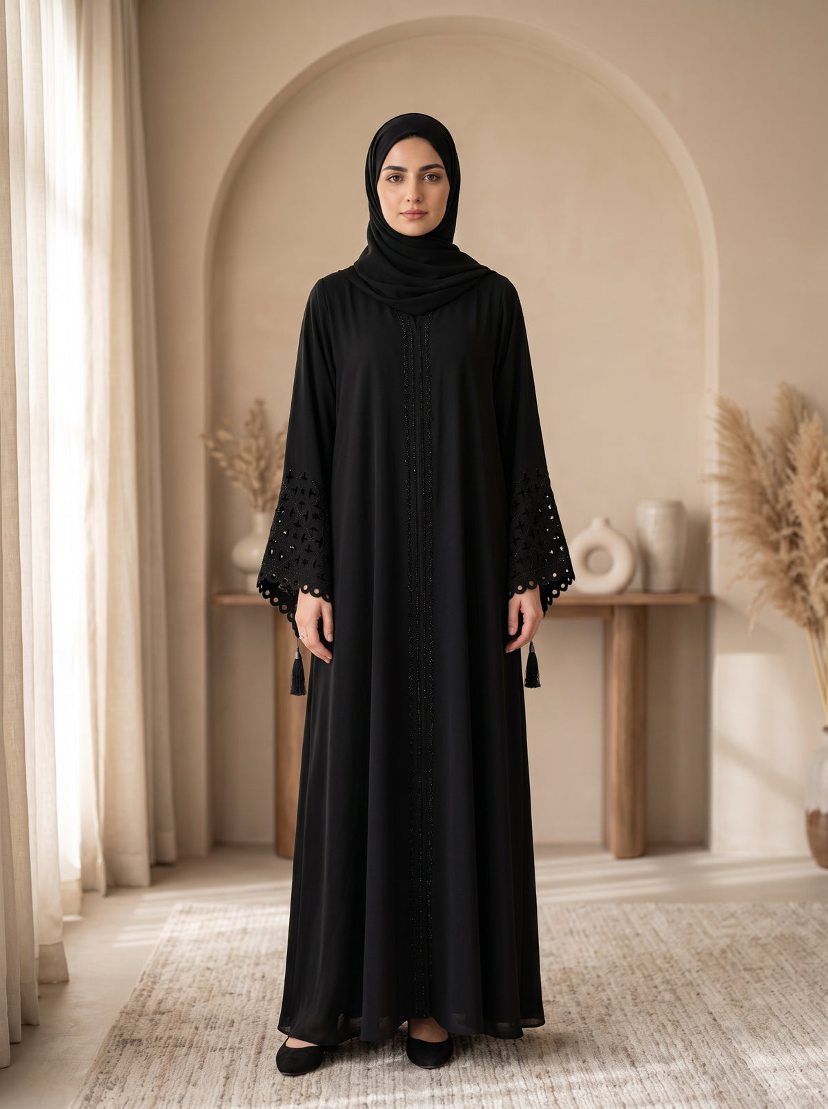 Elegant Black Embellished Abaya with Lace Sleeves &amp; Matching Hijab
