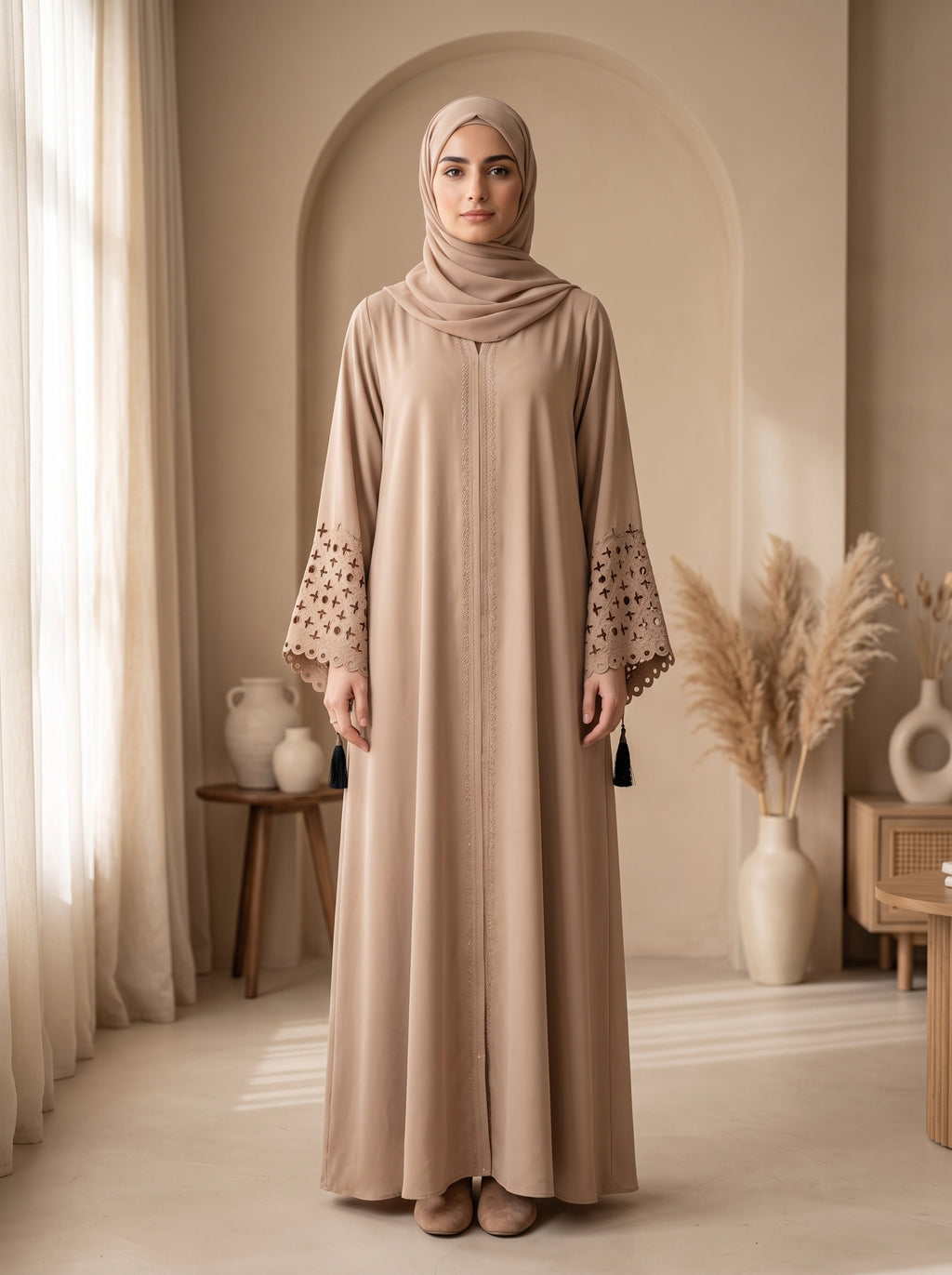 Elegant Beige Embellished Abaya with Lace Sleeves &amp; Matching Hijab