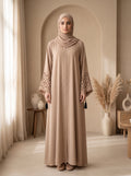 Elegant Beige Embellished Abaya with Lace Sleeves &amp; Matching Hijab