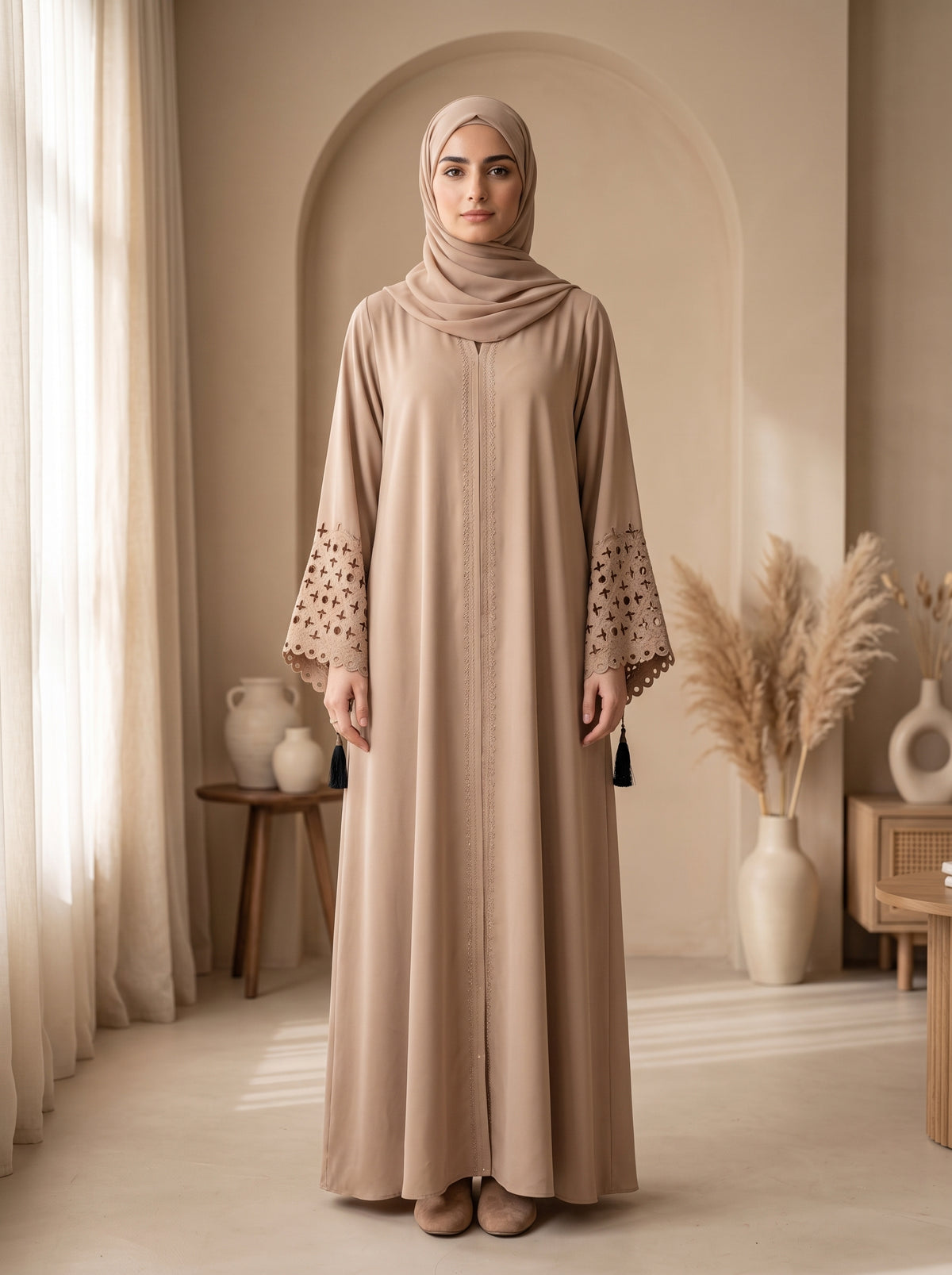 Elegant Beige Embellished Abaya with Lace Sleeves &amp; Matching Hijab