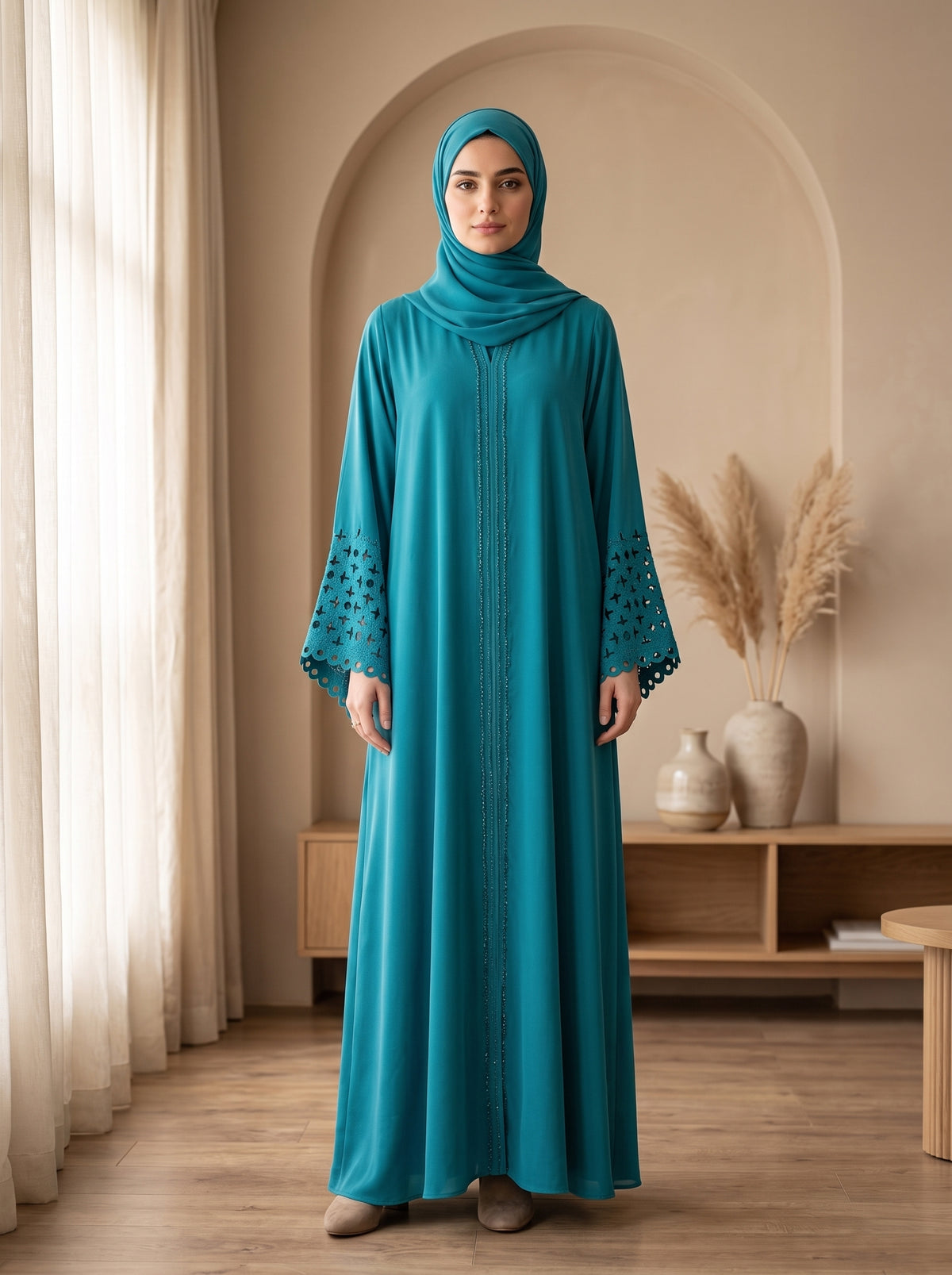 Elegant Ferozi Embellished Abaya with Lace Sleeves and Matching Hijab