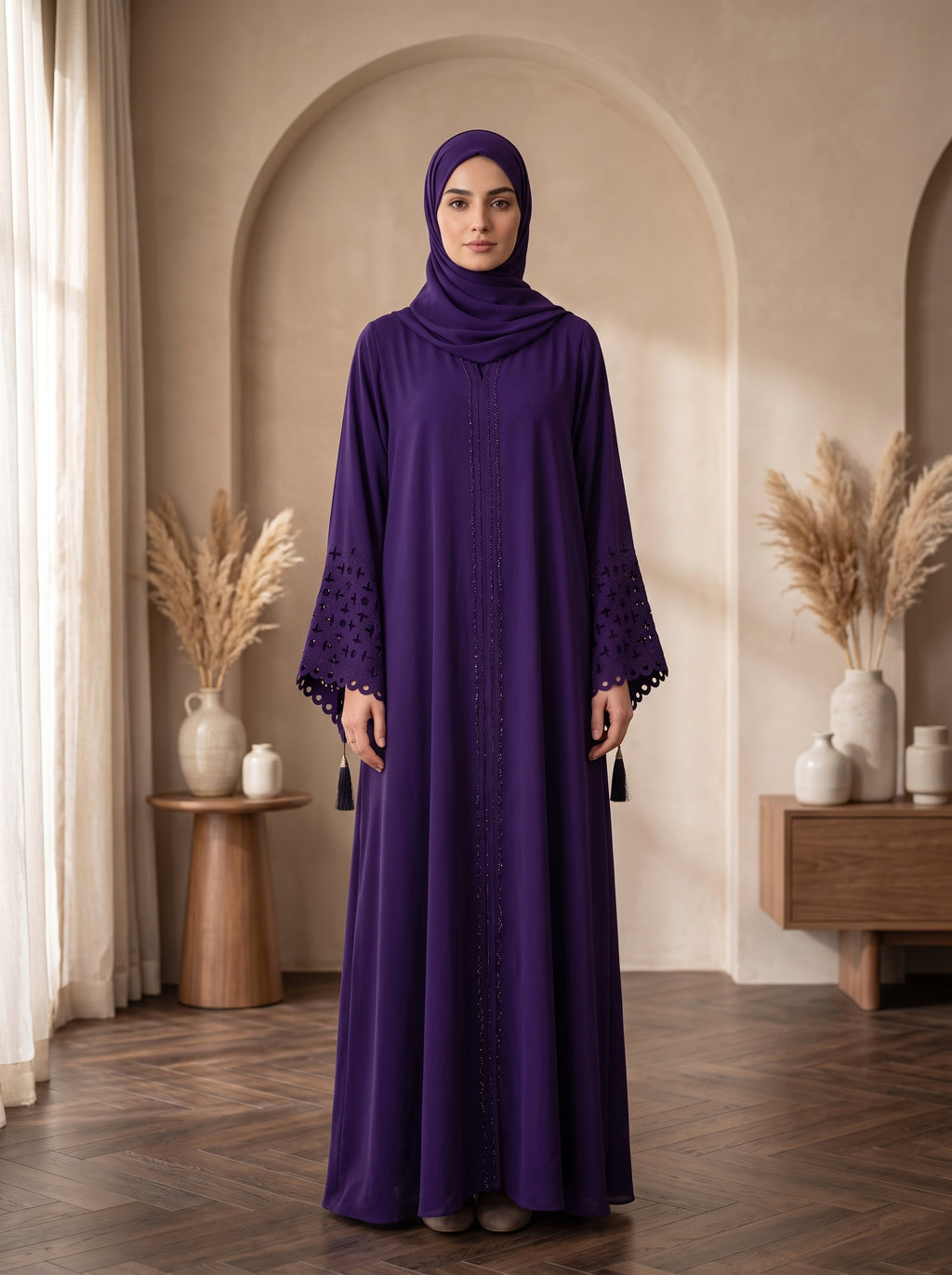Elegant Purple Embellished Abaya with Lace Sleeves &amp; Matching Hijab