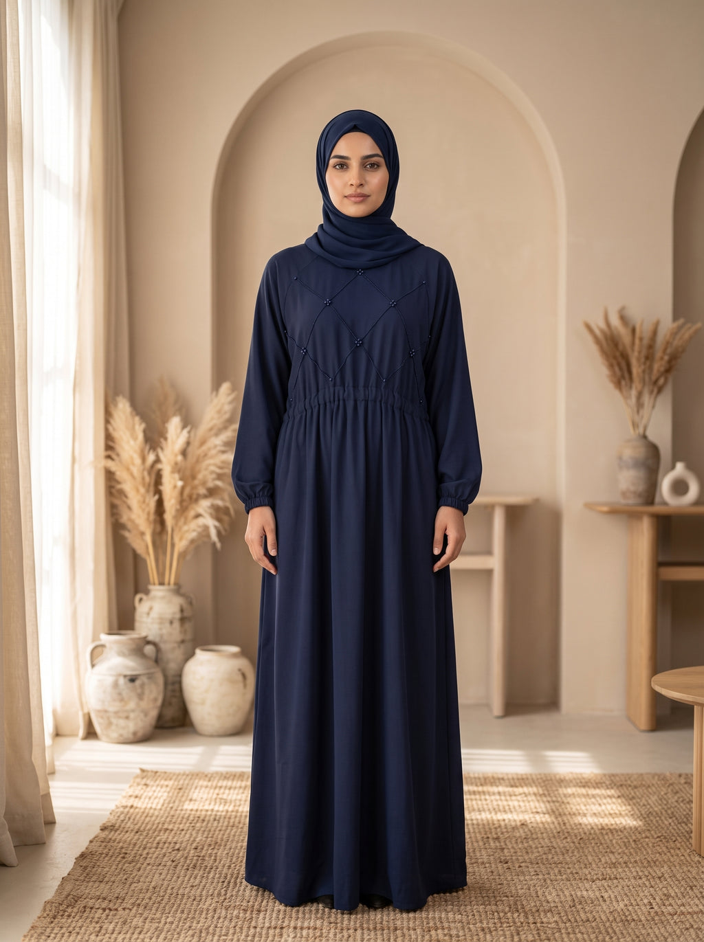 Navy Blue Grace Abaya – Elegant Diamond Embellished Maxi Dress with Hijab