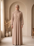 Beige Grace Abaya – Elegant Diamond Embellished Maxi Dress with Hijab