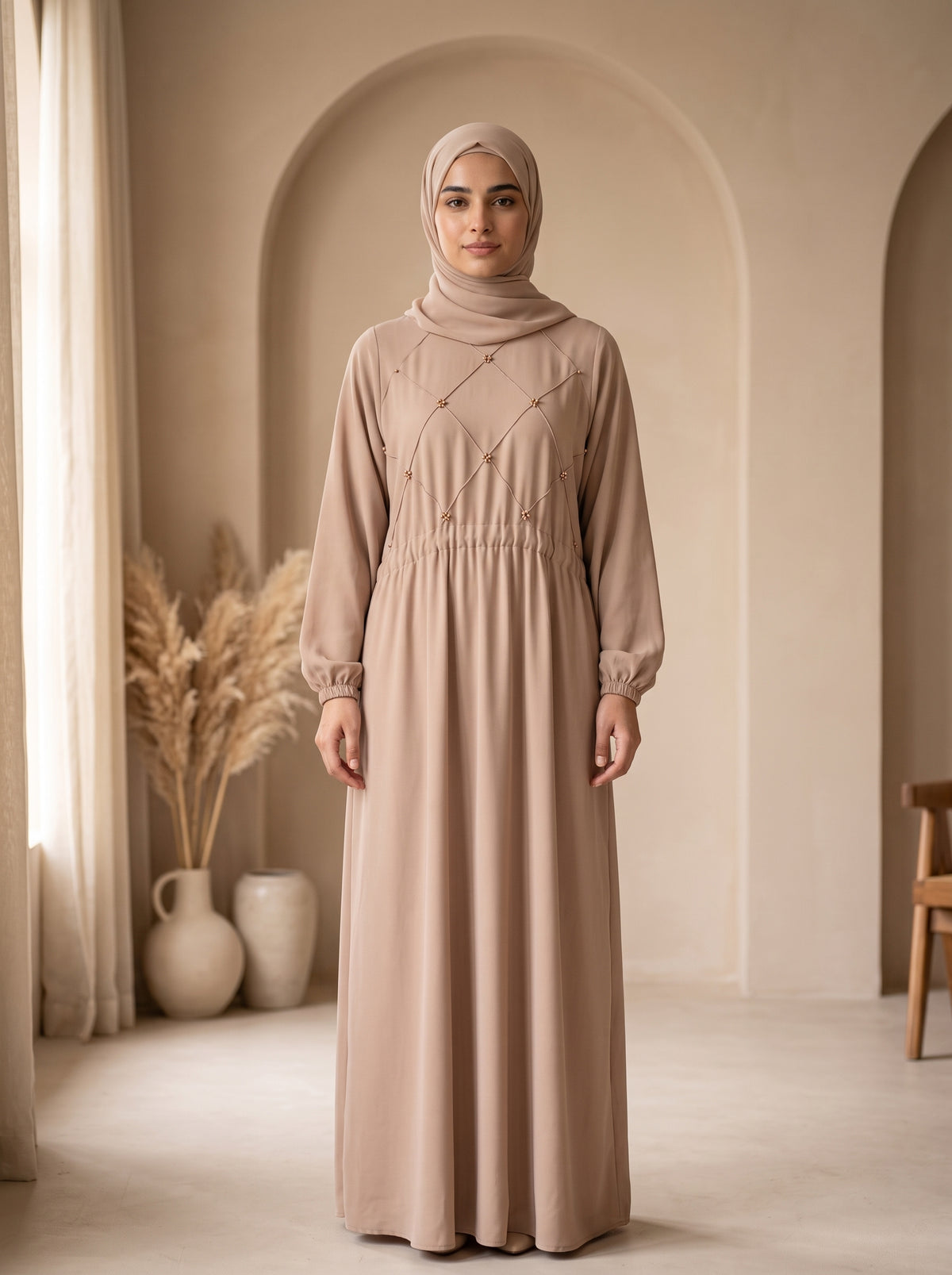 Beige Grace Abaya – Elegant Diamond Embellished Maxi Dress with Hijab
