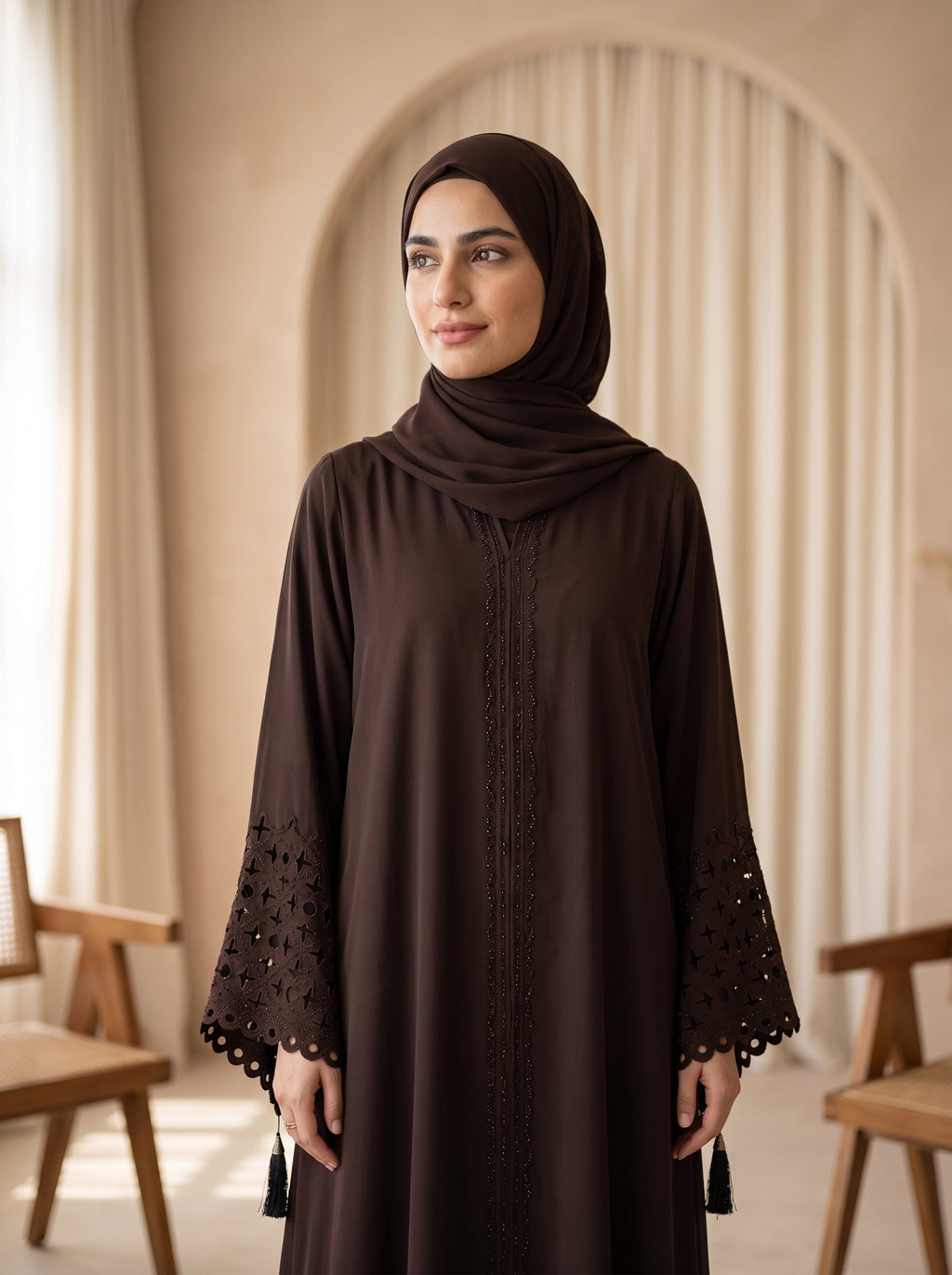 Elegant Dark Brown Embellished Abaya with Lace Sleeves &amp; Matching Hijab
