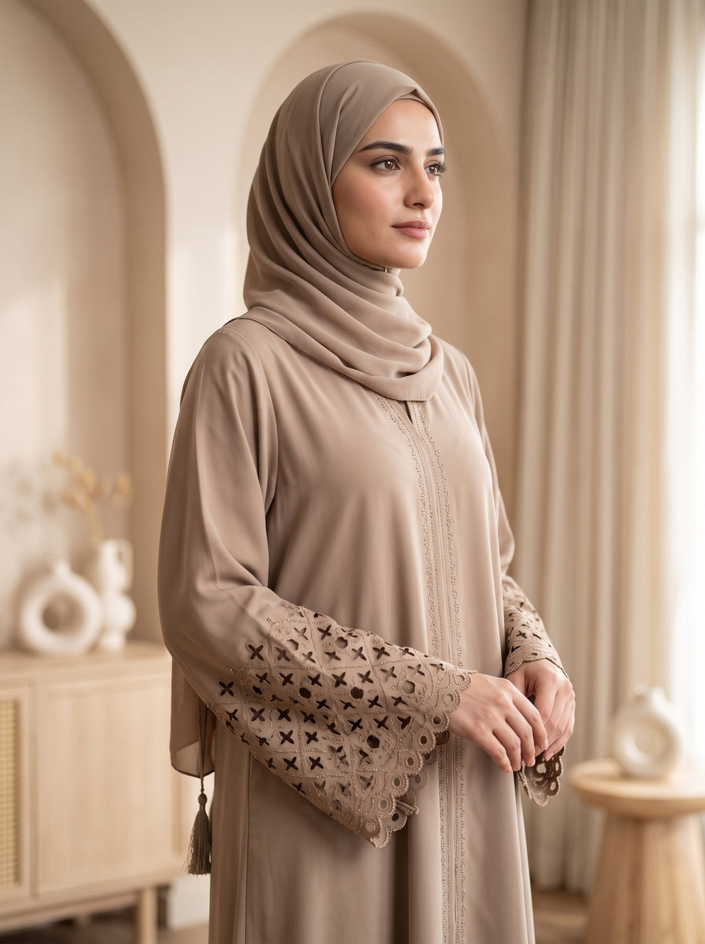 Elegant Beige Embellished Abaya with Lace Sleeves &amp; Matching Hijab