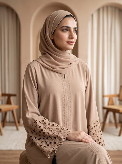 Elegant Beige Embellished Abaya with Lace Sleeves &amp; Matching Hijab