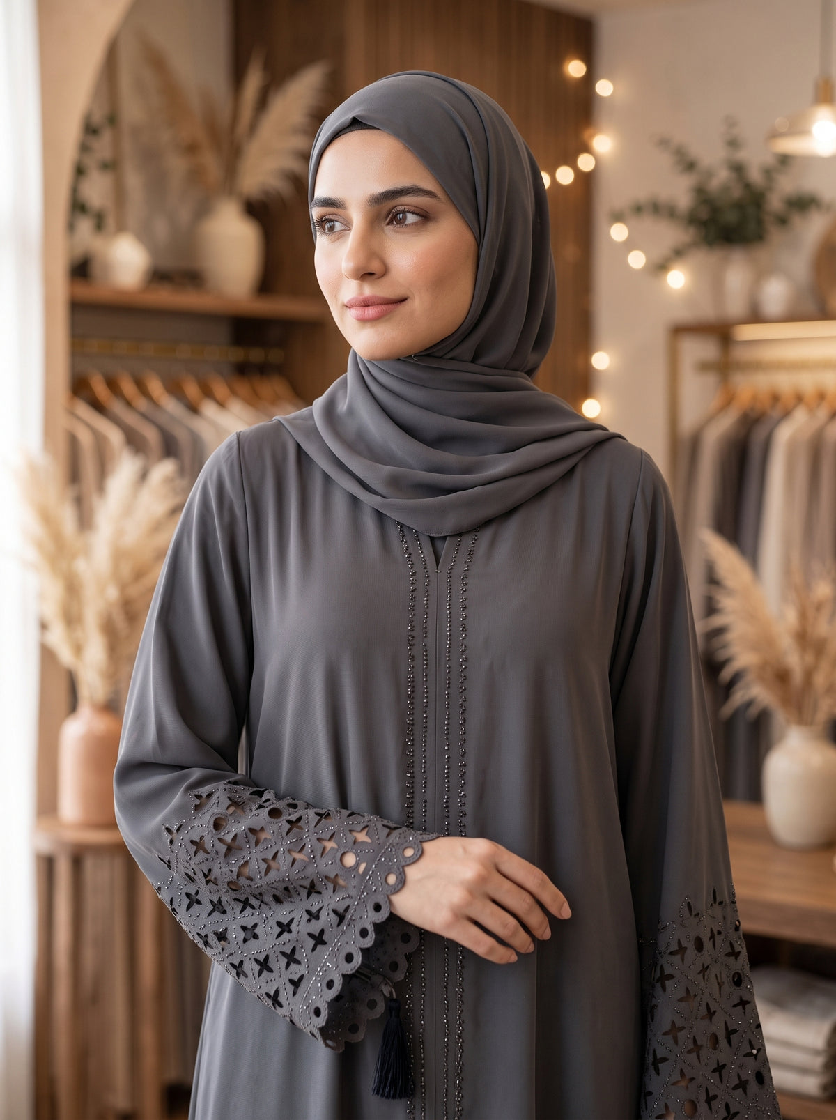 Elegant Grey Embellished Abaya with Lace Sleeves & Matching Hijab