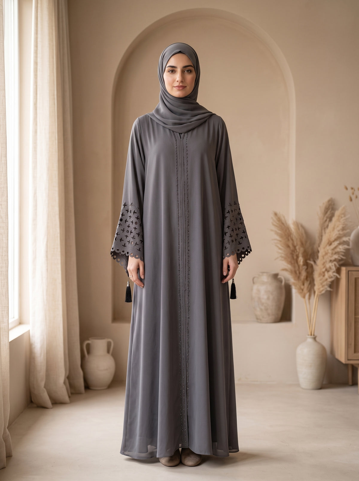 Elegant Grey Embellished Abaya with Lace Sleeves & Matching Hijab