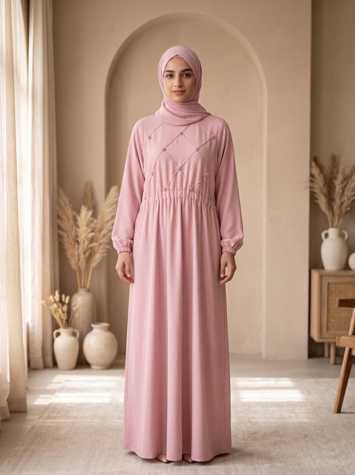 Pink Grace Abaya – Elegant Diamond Embellished Maxi Dress with Hijab