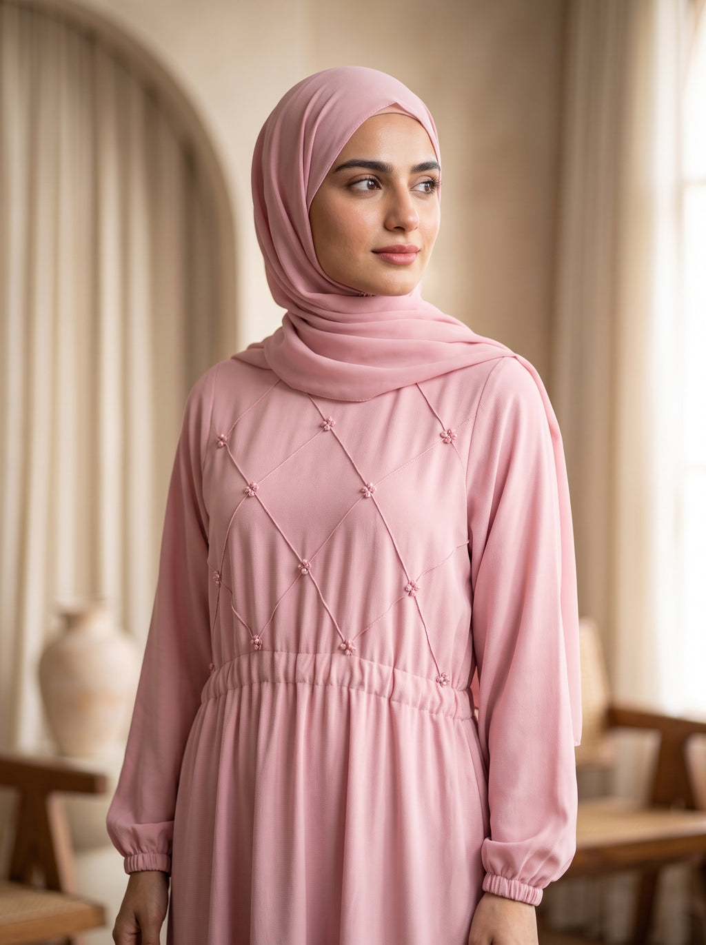 Pink Grace Abaya – Elegant Diamond Embellished Maxi Dress with Hijab