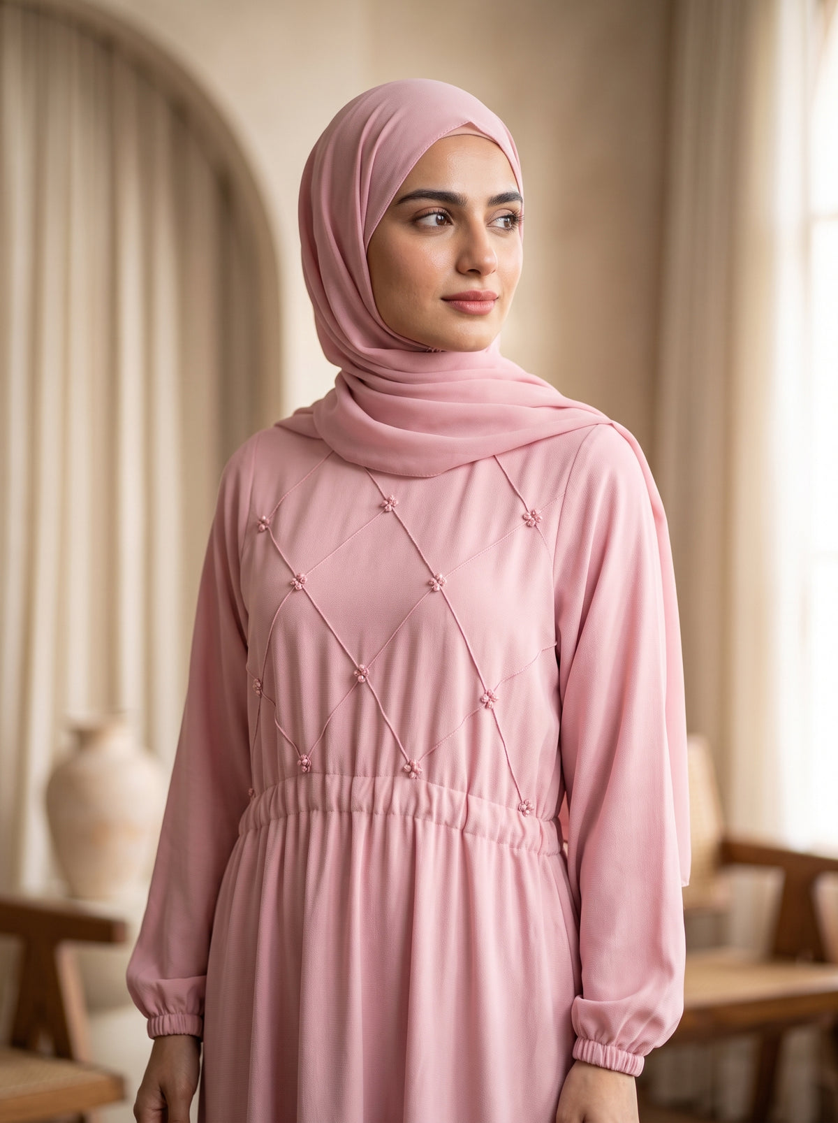 Pink Grace Abaya – Elegant Diamond Embellished Maxi Dress with Hijab