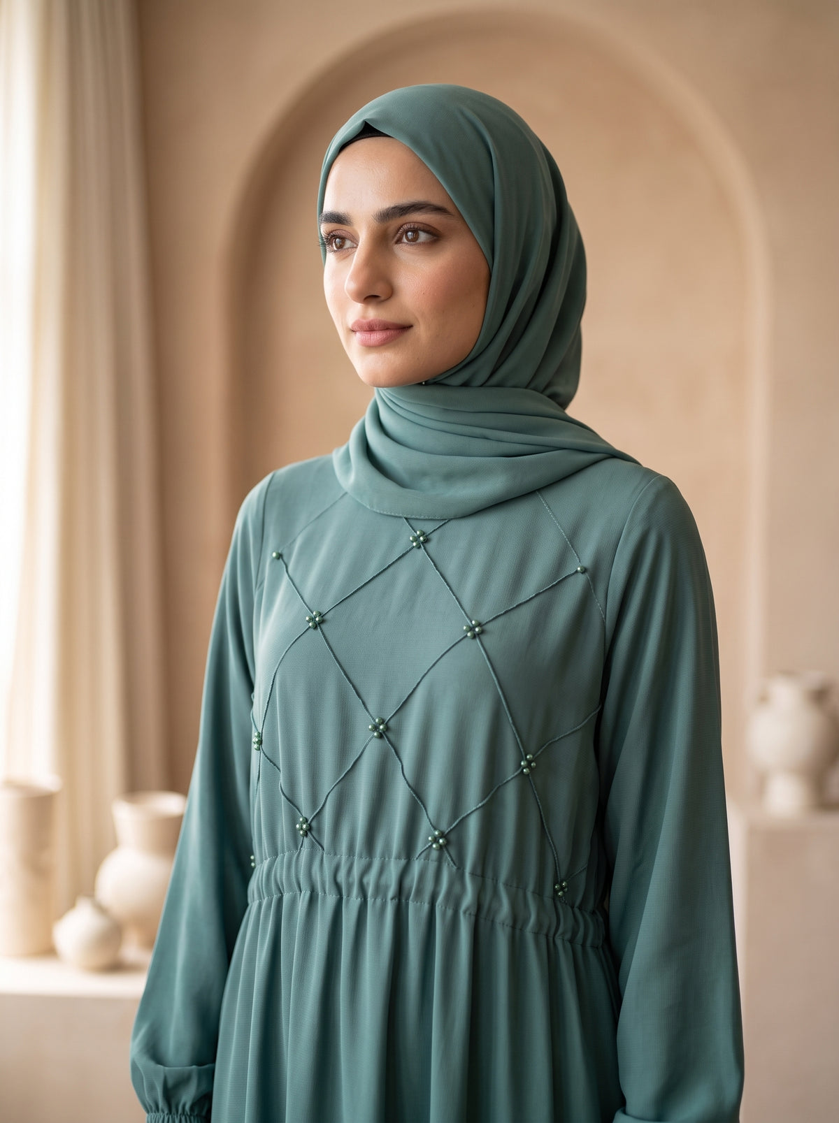 Sea Green Grace Abaya – Elegant Diamond Embellished Maxi Dress with Hijab