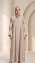 Luxury Light Beige Crystal Embellished Abaya Set with Hijab