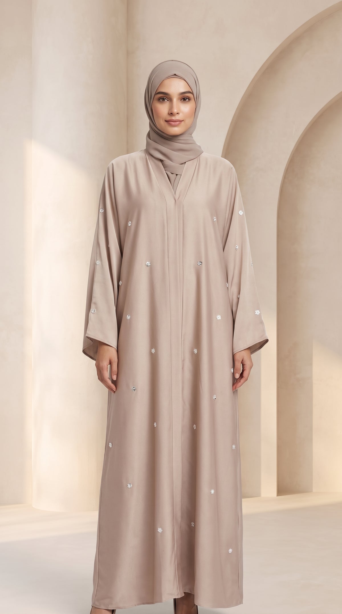 Luxury Light Beige Crystal Embellished Abaya Set with Hijab