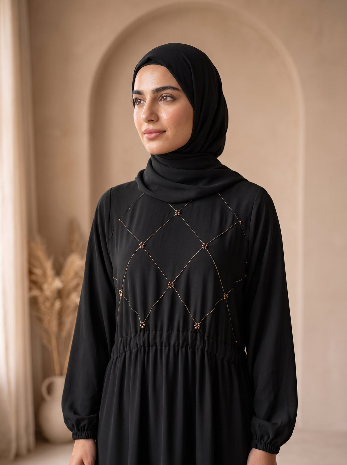 Black Grace Abaya – Elegant Diamond Embellished Maxi Dress with Hijab