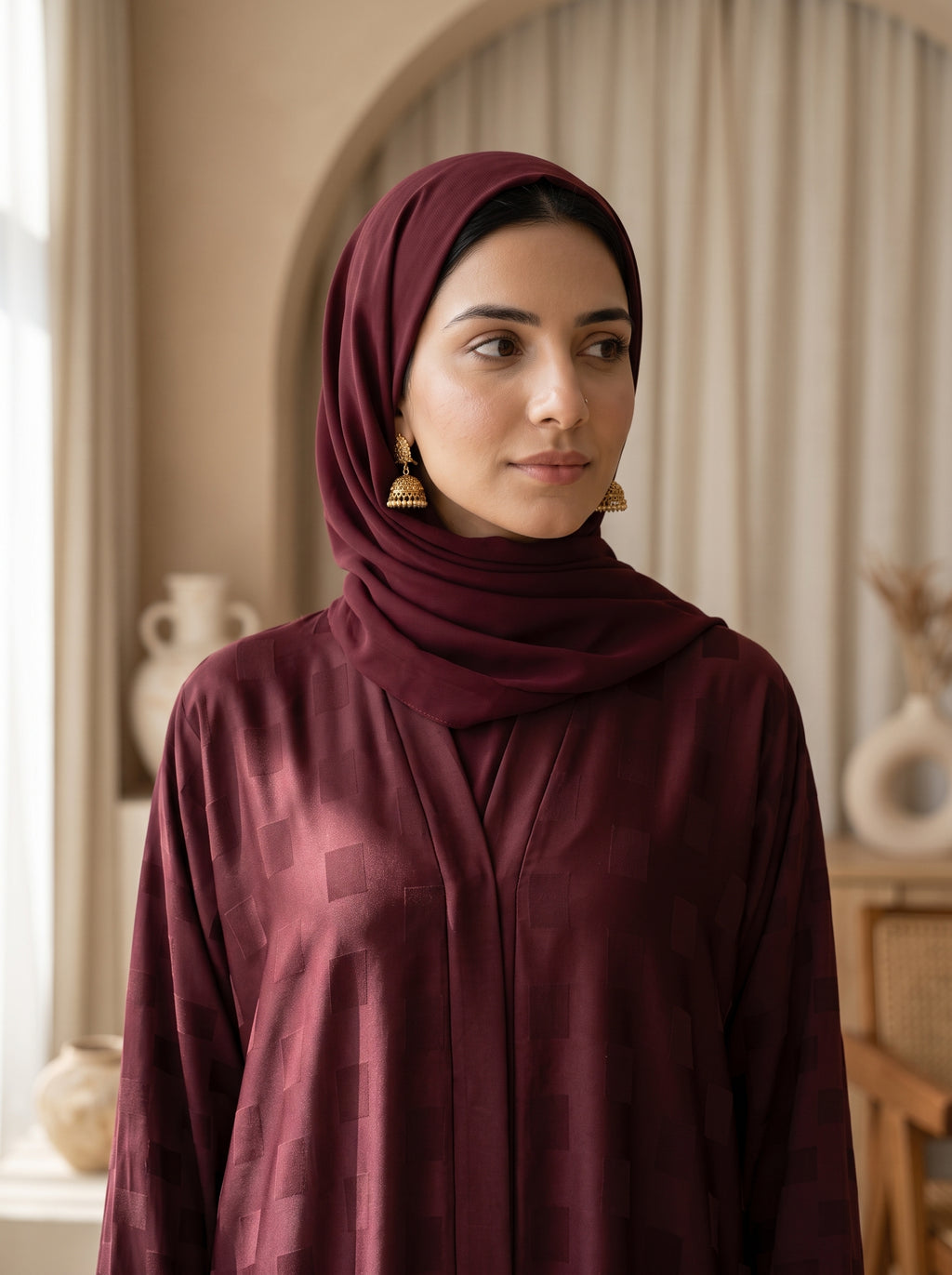 Premium Maroon Textured Abaya with Matching Hijab